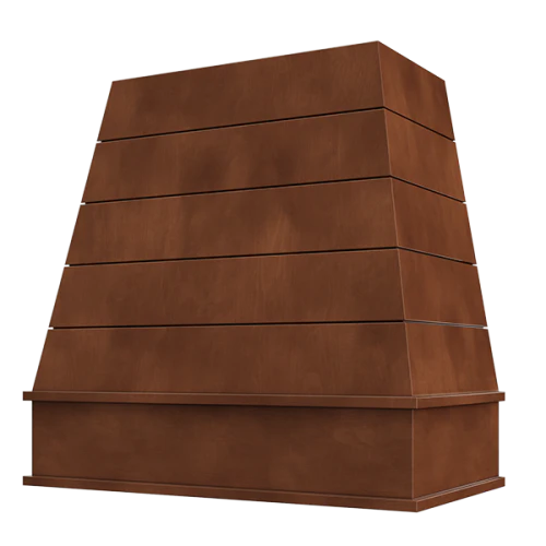 Chocolate Wood Range Hood With Tapered Shiplap Front and Block Trim - 30