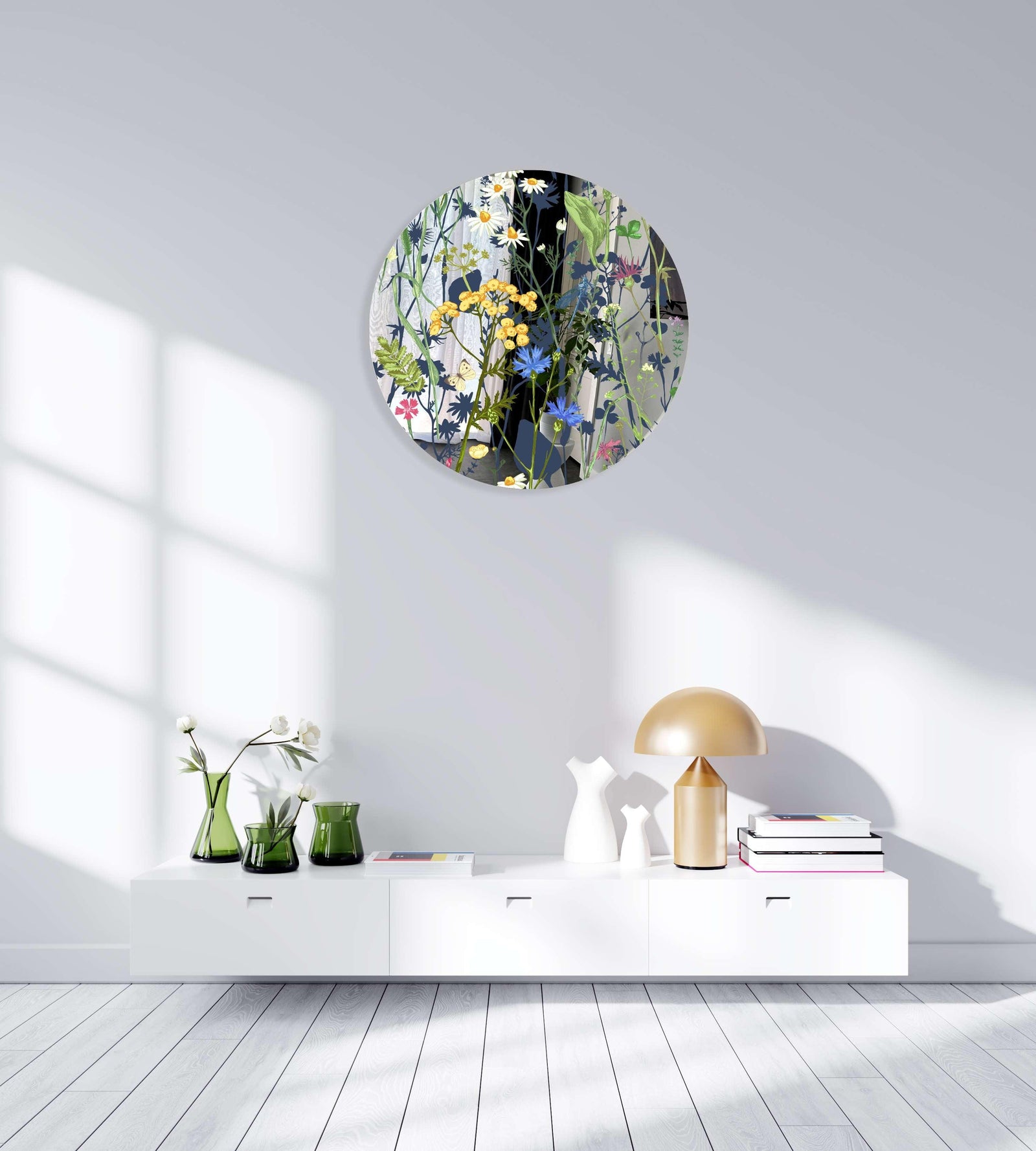 Colorful Herbs and Flowers on Dark Background Printed Mirror Acrylic Circles