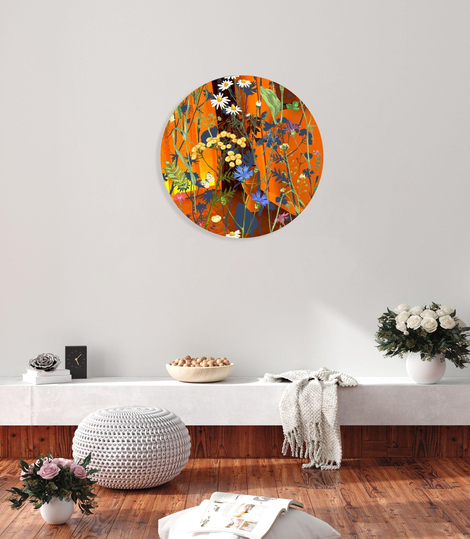 Colorful Herbs and Flowers on Dark Background Printed Mirror Acrylic Circles