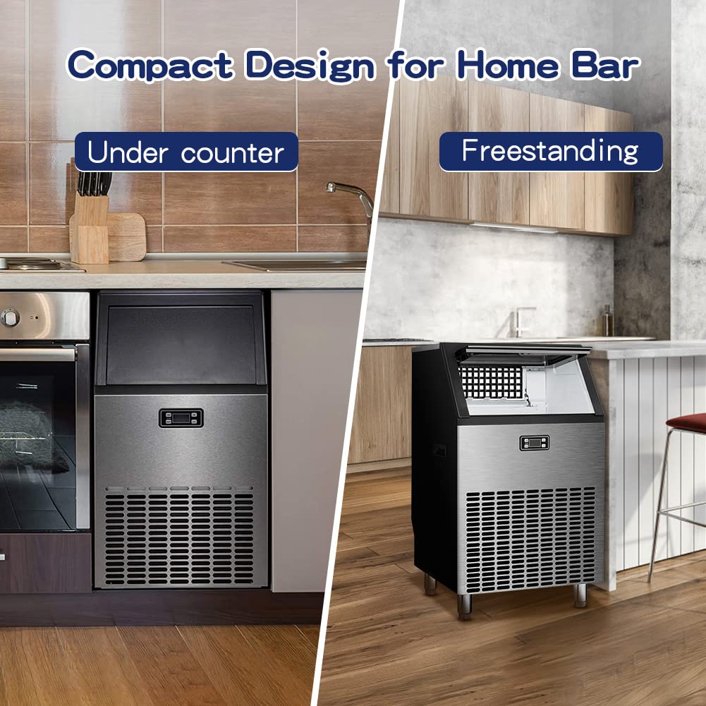 Commercial Ice Maker, Freestanding Square Ice Cube Maker 265lbs/24h, 55lbs Storage Bin, Full Heavy Duty Stainless Steel Construction