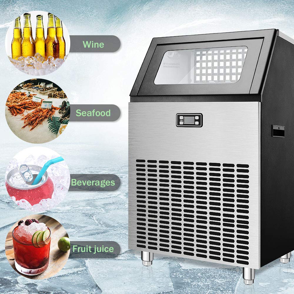 Commercial Ice Maker, Freestanding Square Ice Cube Maker 265lbs/24h, 55lbs Storage Bin, Full Heavy Duty Stainless Steel Construction