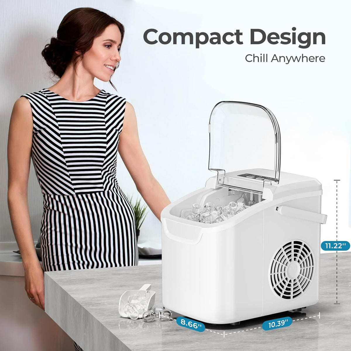 Kismile Ice Makers Countertop with Handle,8 Cubes in 6 Mins,Portable Ice Machine with Self-Cleaning for Home 58012RIM0