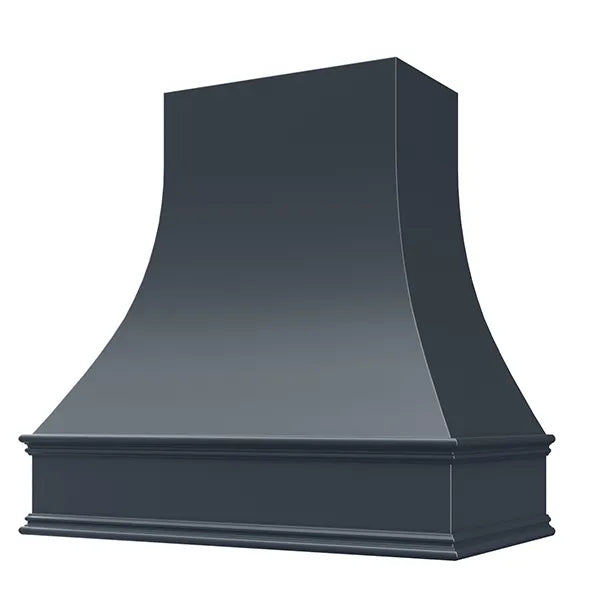 Navy Blue Wood Range Hood With Curved Front and Decorative Trim - 30