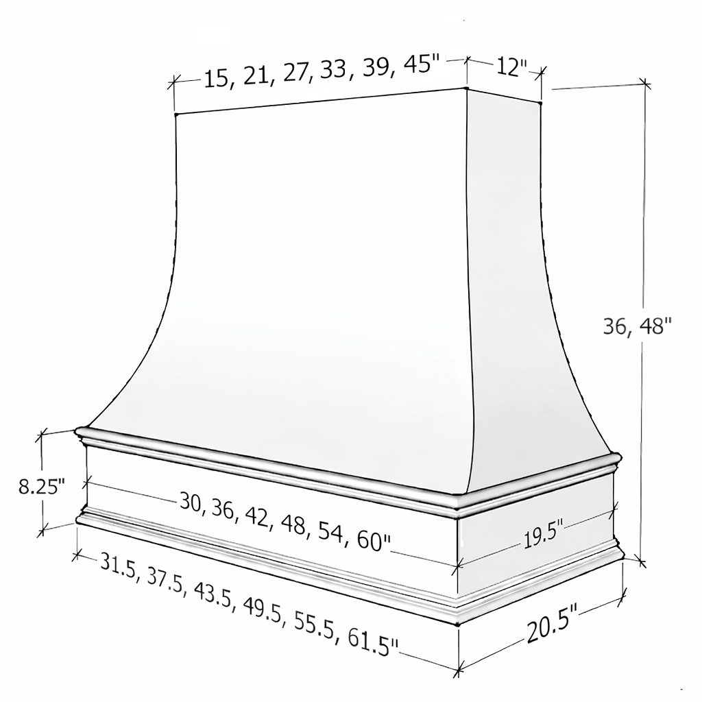 Wood Range Hood With Curved Front and Decorative Trim - 30