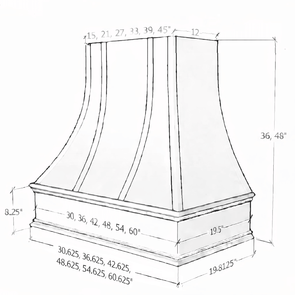 Wood Range Hood With Curved Front, Silver Strapping and Block Trim - 30