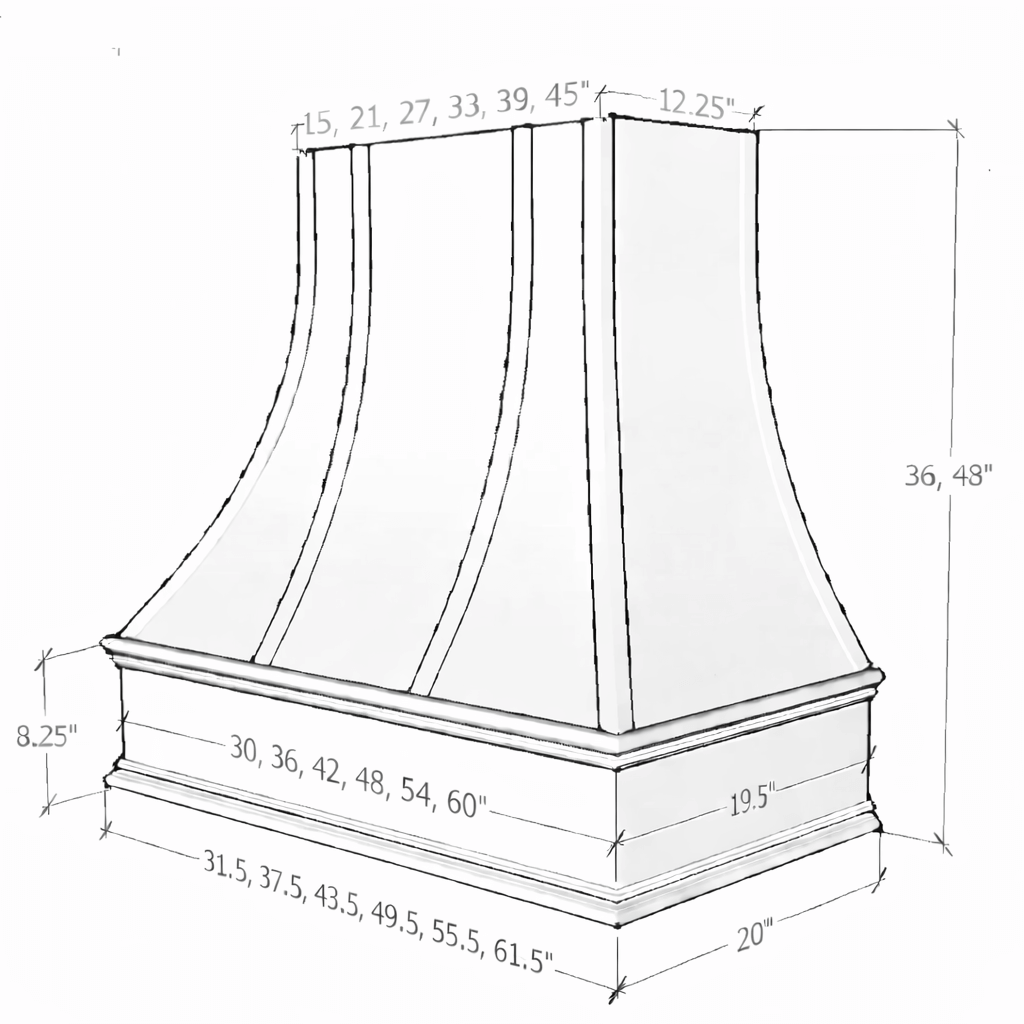 Wood Range Hood With Curved Strapped Front and Decorative Trim - 30