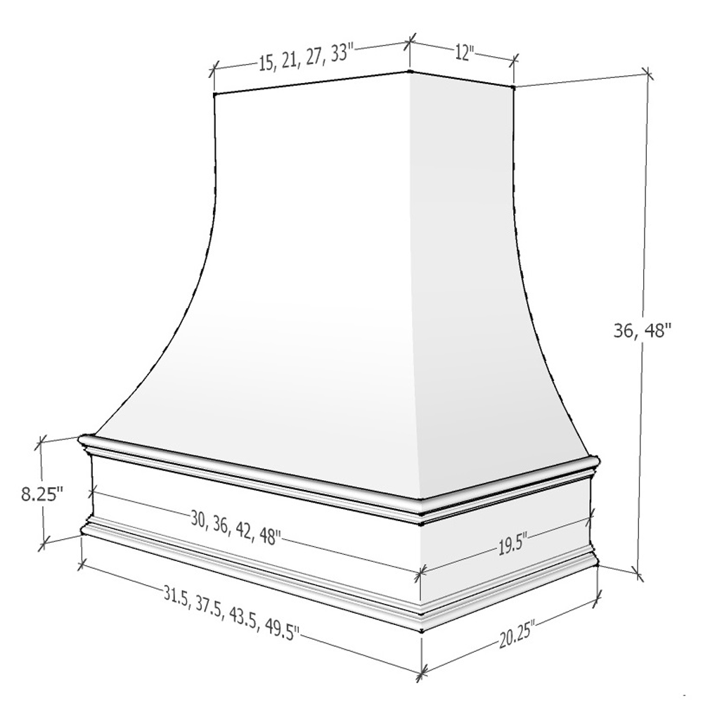 White Wood Range Hood With Curved Front and Decorative Trim - 30" 36" 42" 48" 54" and 60" Widths Available