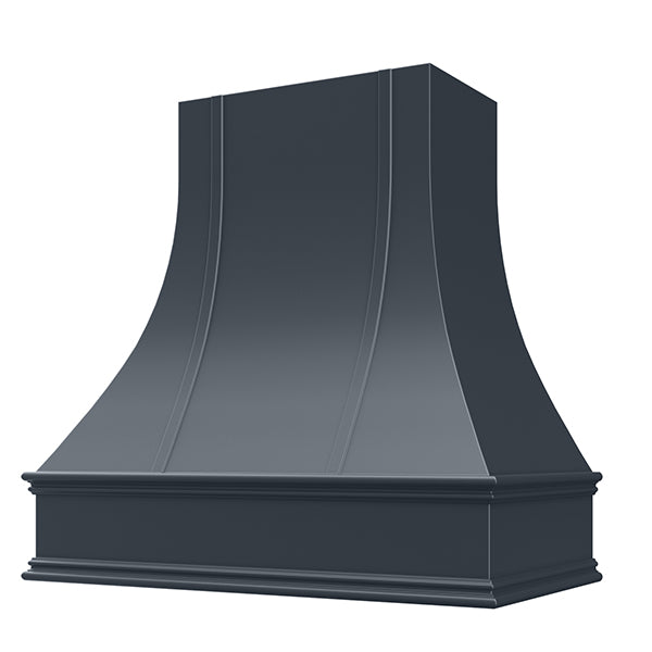 Navy Blue Range Hood With Curved Strapped Front and Decorative Trim - 30