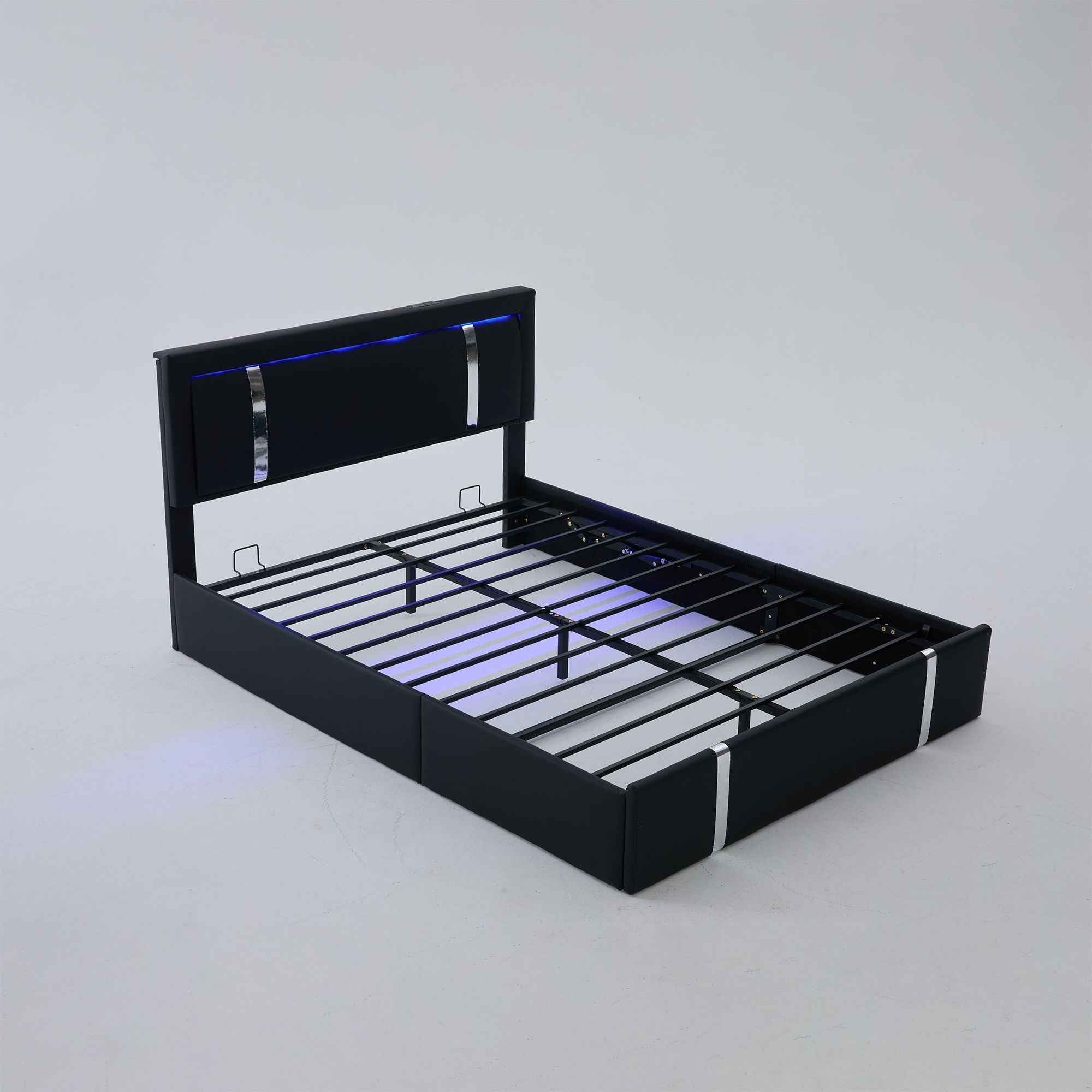 Upholstered Platform Bed Frame With Adjustable LED Headboard, USB C-Charging, Hydraulic Lift