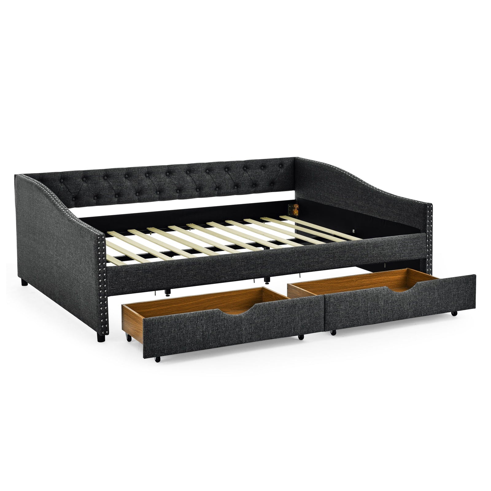 Upholstered Tufted Daybed With 2 Drawers, Waved Arms