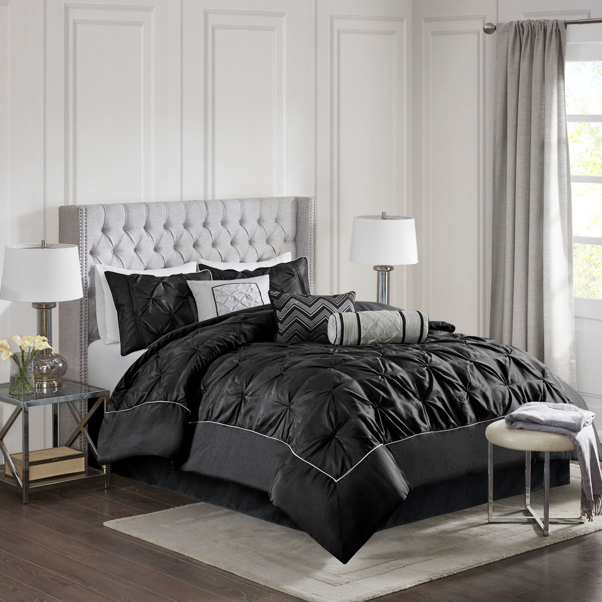 7 Piece Tufted Comforter Set Black California King