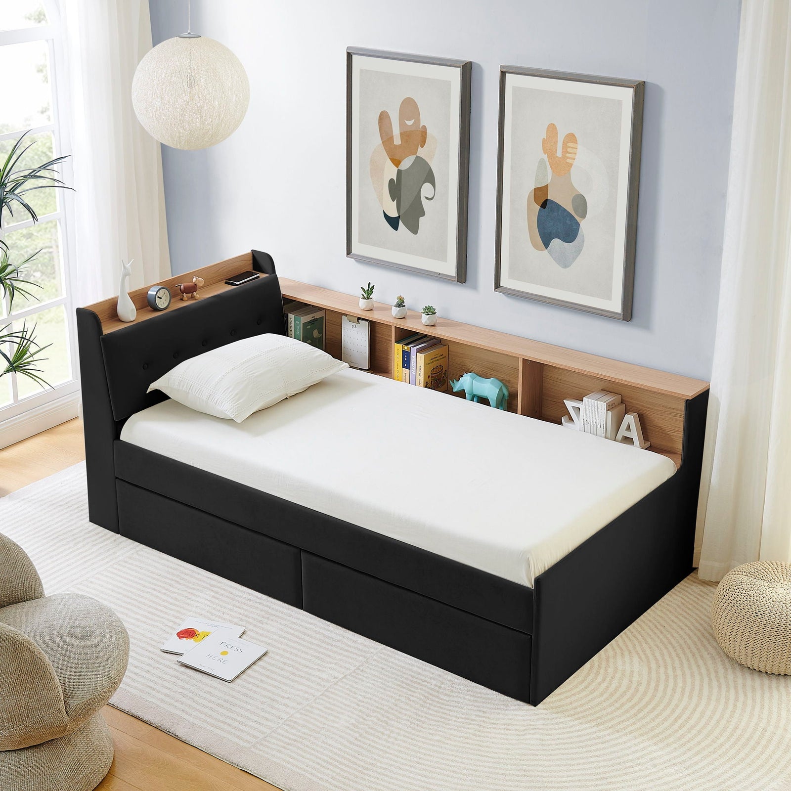 Upholstered Daybed With Storage Headboard, Wireless Charging, LED Lights