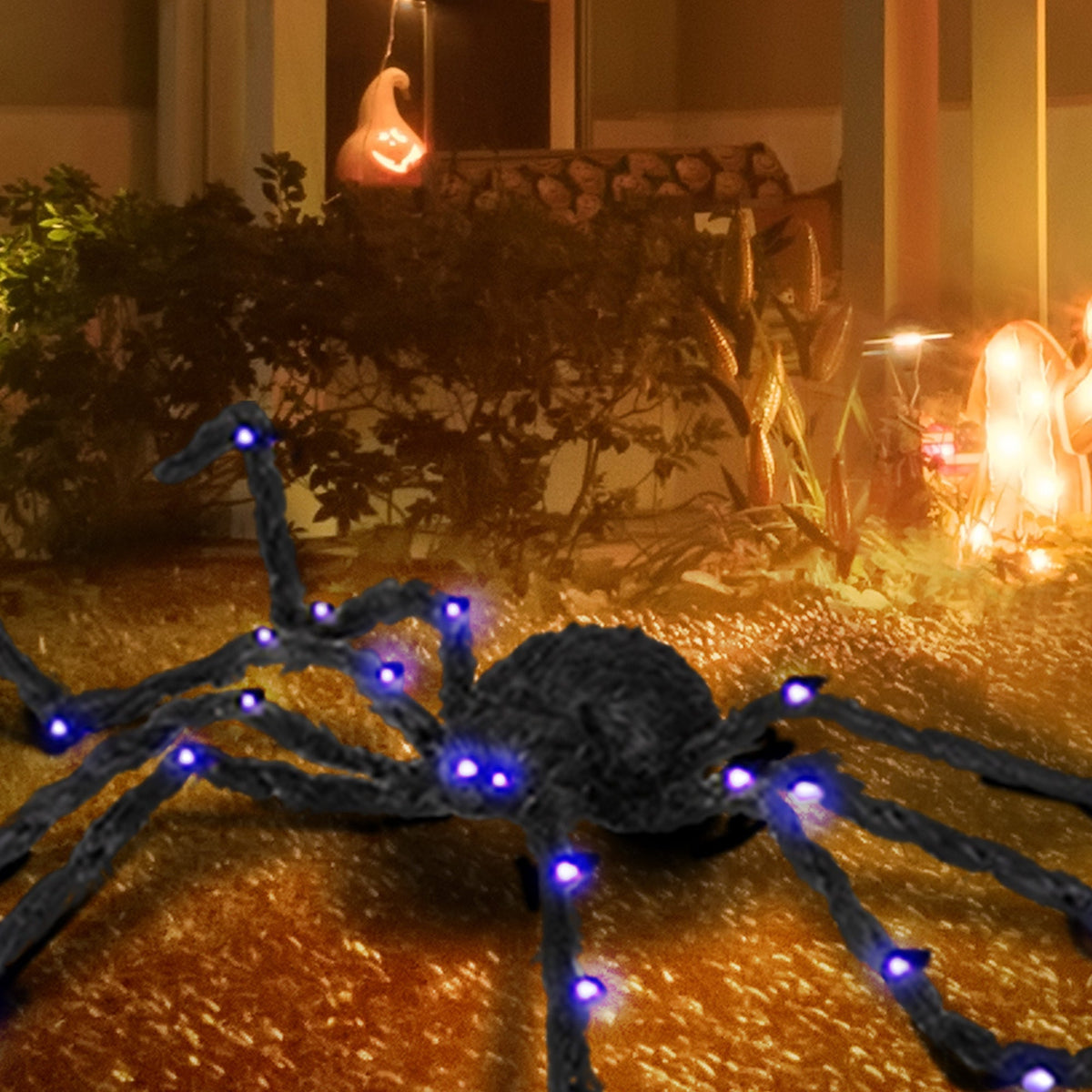 Illuminated Arachnid Halloween Accent with Purple LED Lights - Black