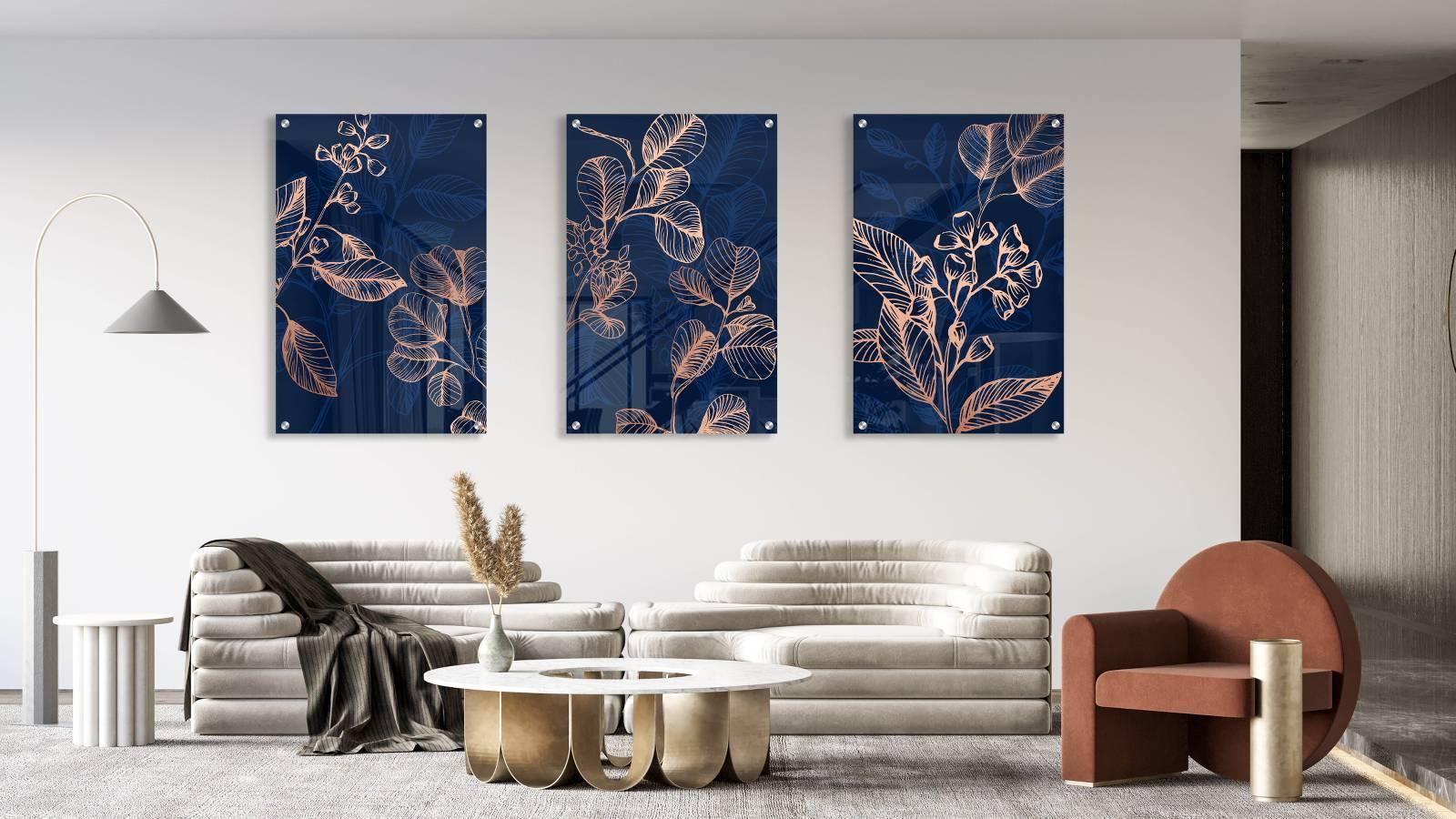 Dark Blue Foliage Pattern Set of 3 Prints Modern Wall Art Modern Artwork