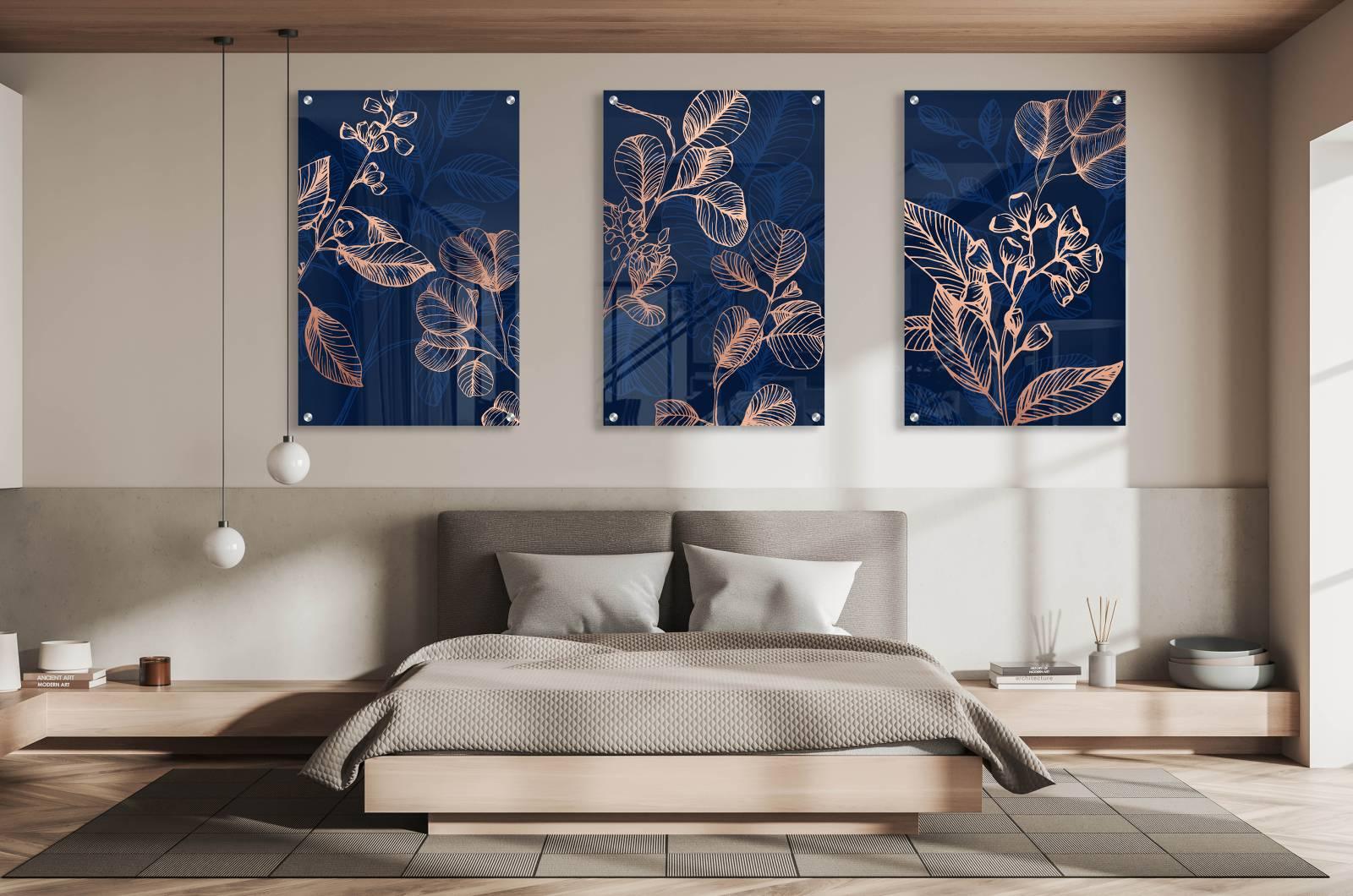 Dark Blue Foliage Pattern Set of 3 Prints Modern Wall Art Modern Artwork