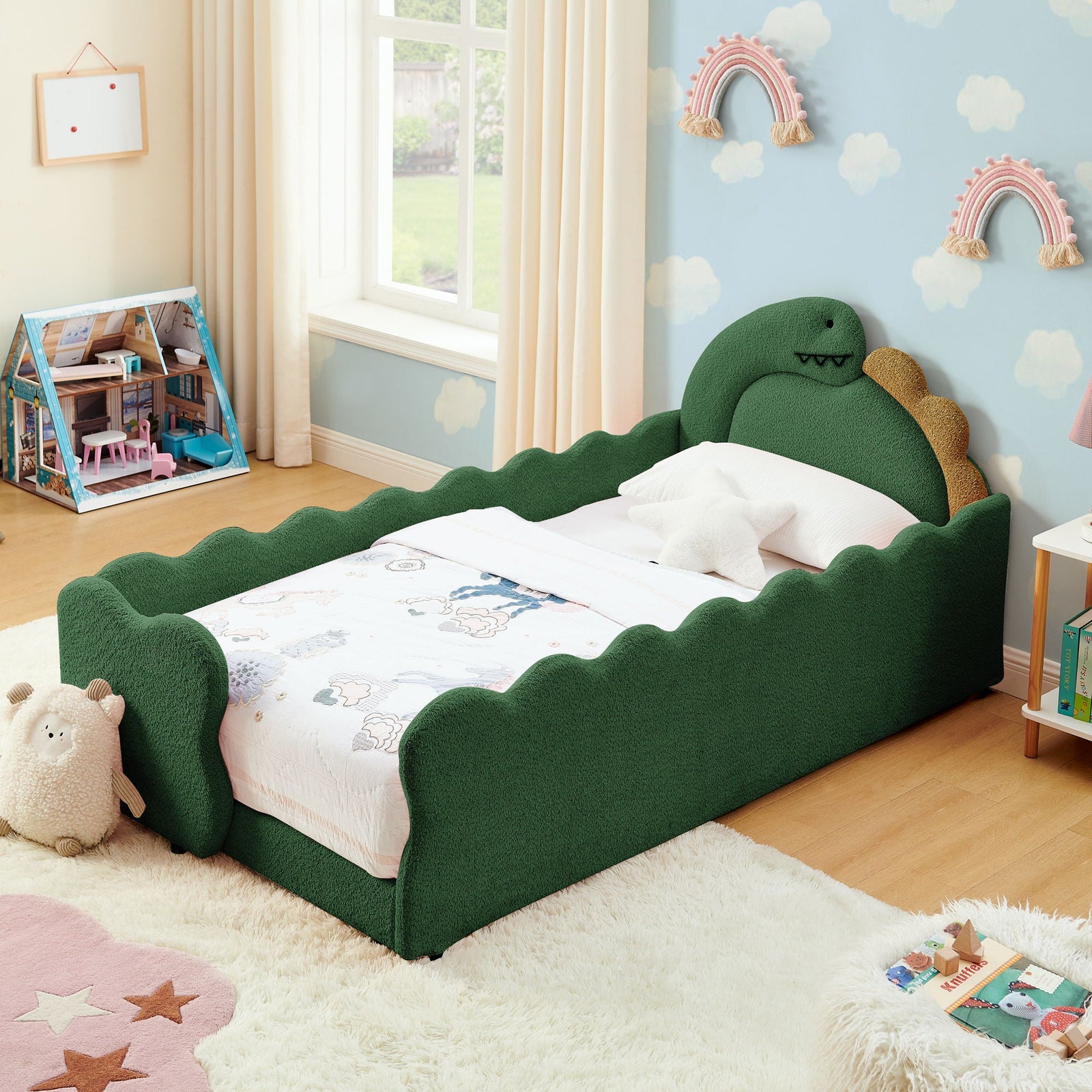 Cute Dinosaur Shaped Bed With Safety Guardrail, Toddler Frame