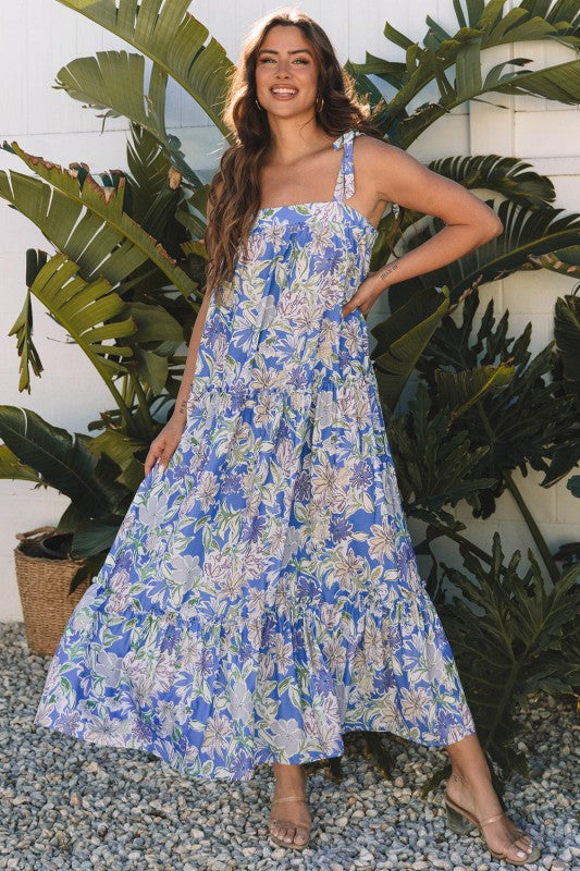 Katelyn Floral Self-tie Straps Ruffle Long Dress