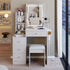Cabinet Vanity Table & Cushioned Stool, USB Power Station, Hair Dryer Bracket - White