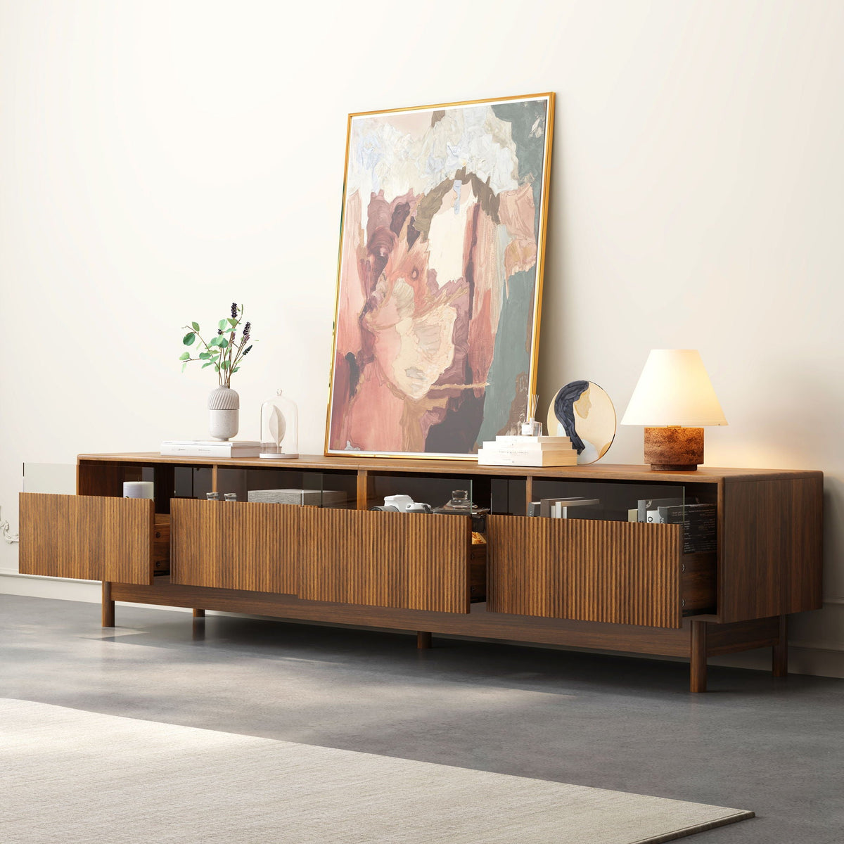 TV Stand, Entertainment Center With Fluted Drawers For Living Room - Walnut