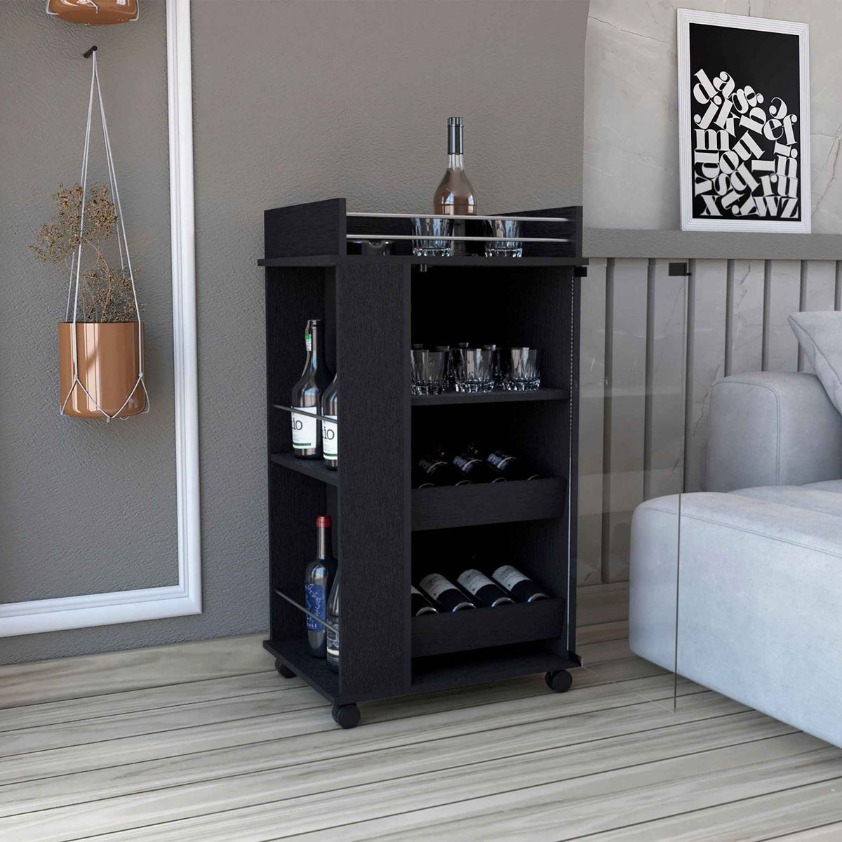 Bar Cart With Glass Door, 2 Side Shelves And Casters - Black