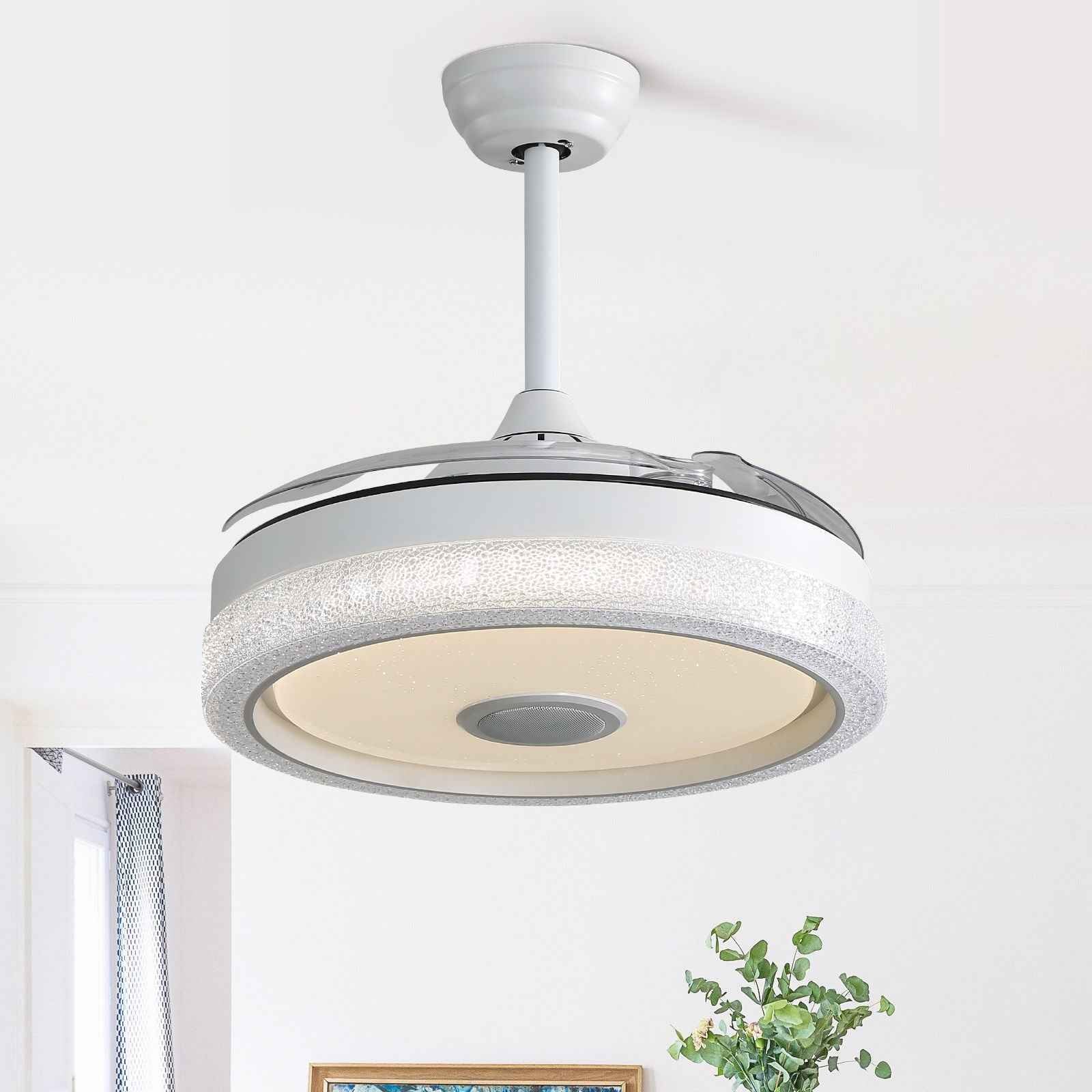 Invisible Ceiling Fan With Remote Control And 36W LED Light, 120V DC Motor, 3 Blades - White