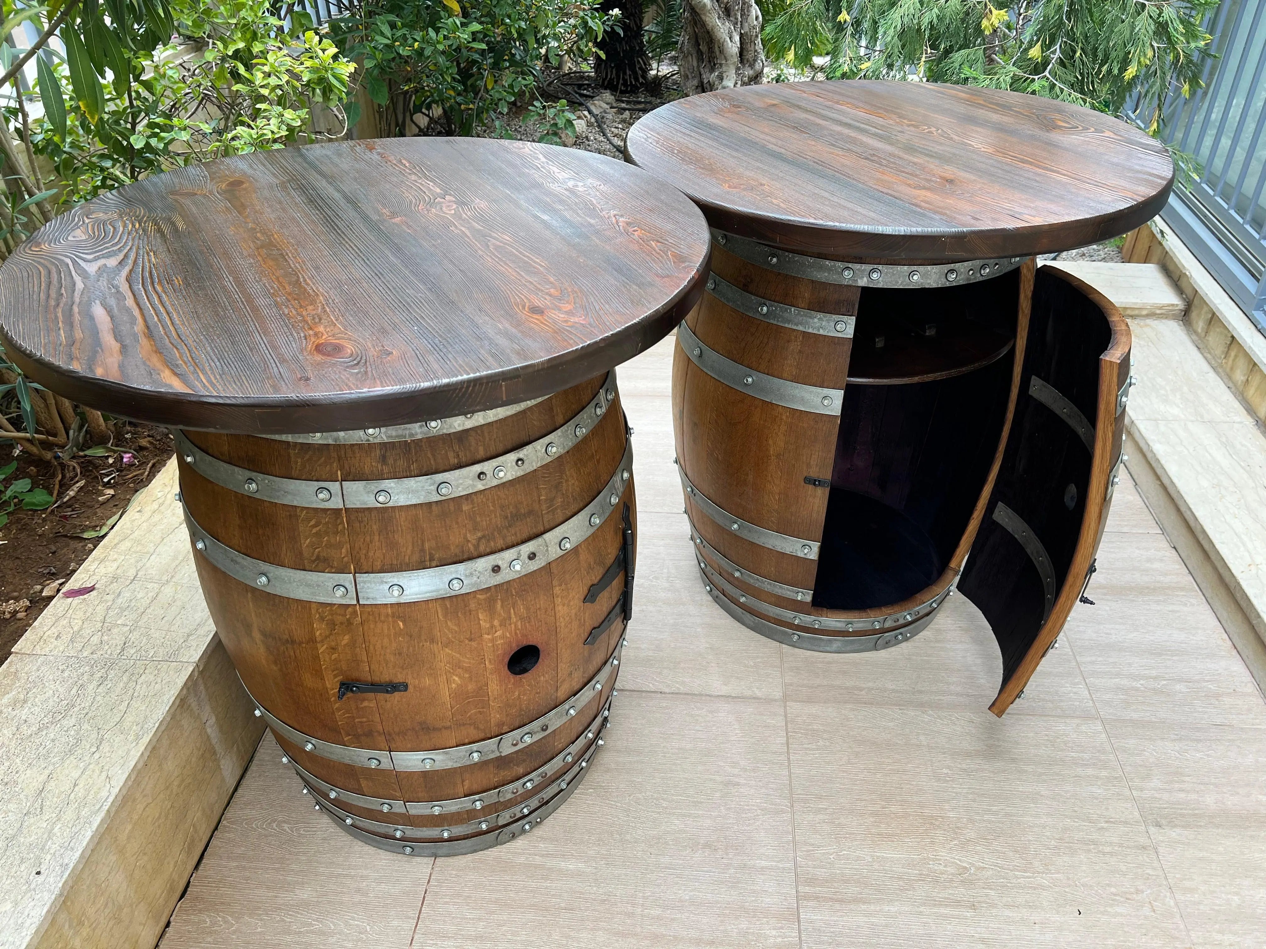 Double Oak Barrel Pub Table Set, Bourbon Wine Barrel, Door Storage Shelf, Barrel Bar Cabinet, Whiskey Barrel Bar, Wine Barrel Cabinet