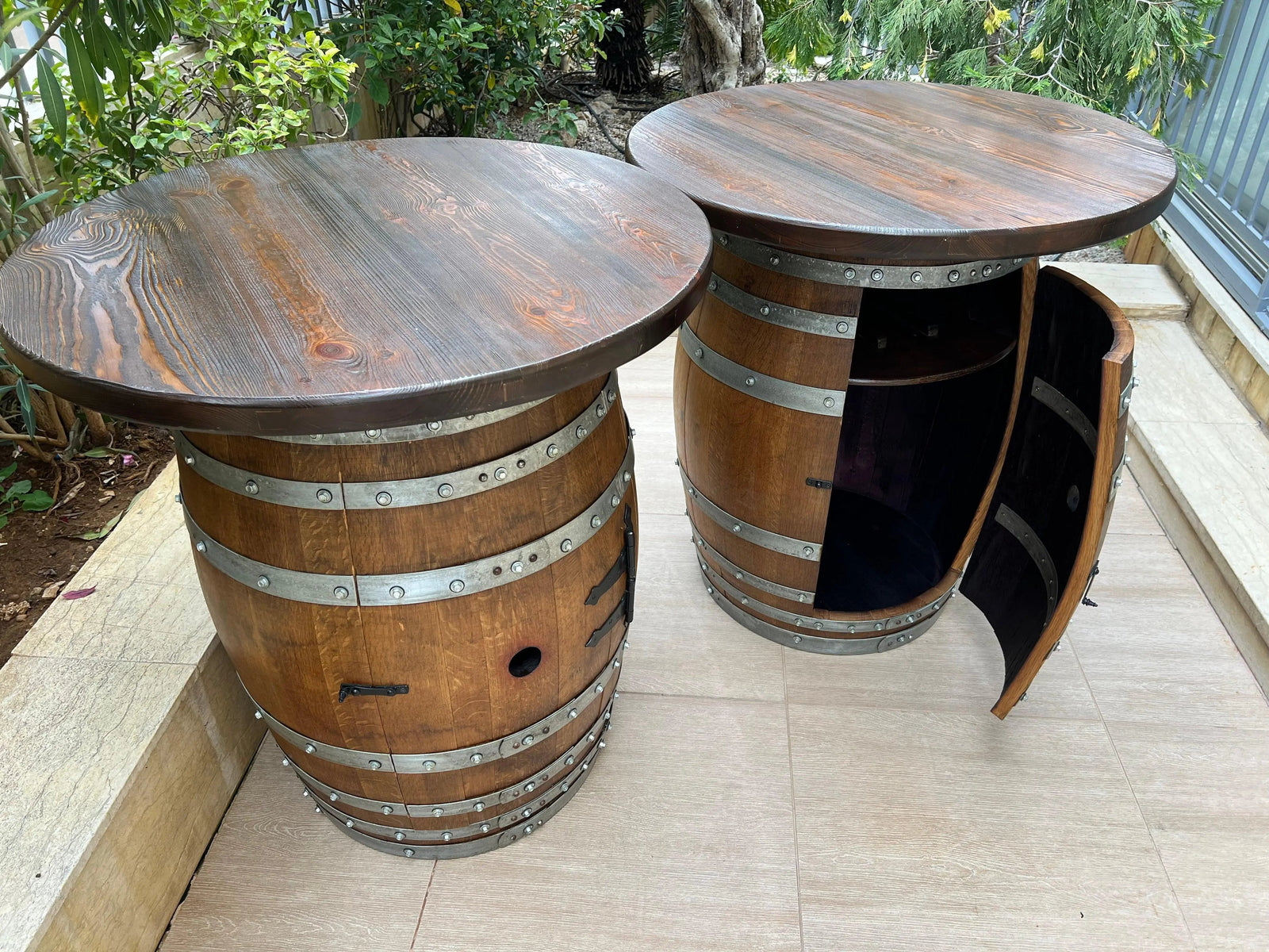 Double Oak Barrel Pub Table Set, Bourbon Wine Barrel, Door Storage Shelf, Barrel Bar Cabinet, Whiskey Barrel Bar, Wine Barrel Cabinet