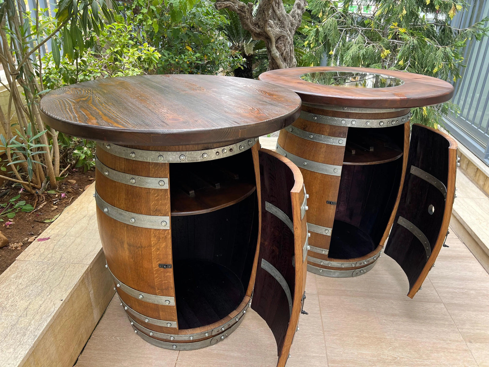 Double Oak Barrel Pub Table Set, Bourbon Wine Barrel, Door Storage Shelf, Barrel Bar Cabinet, Whiskey Barrel Bar, Wine Barrel Cabinet