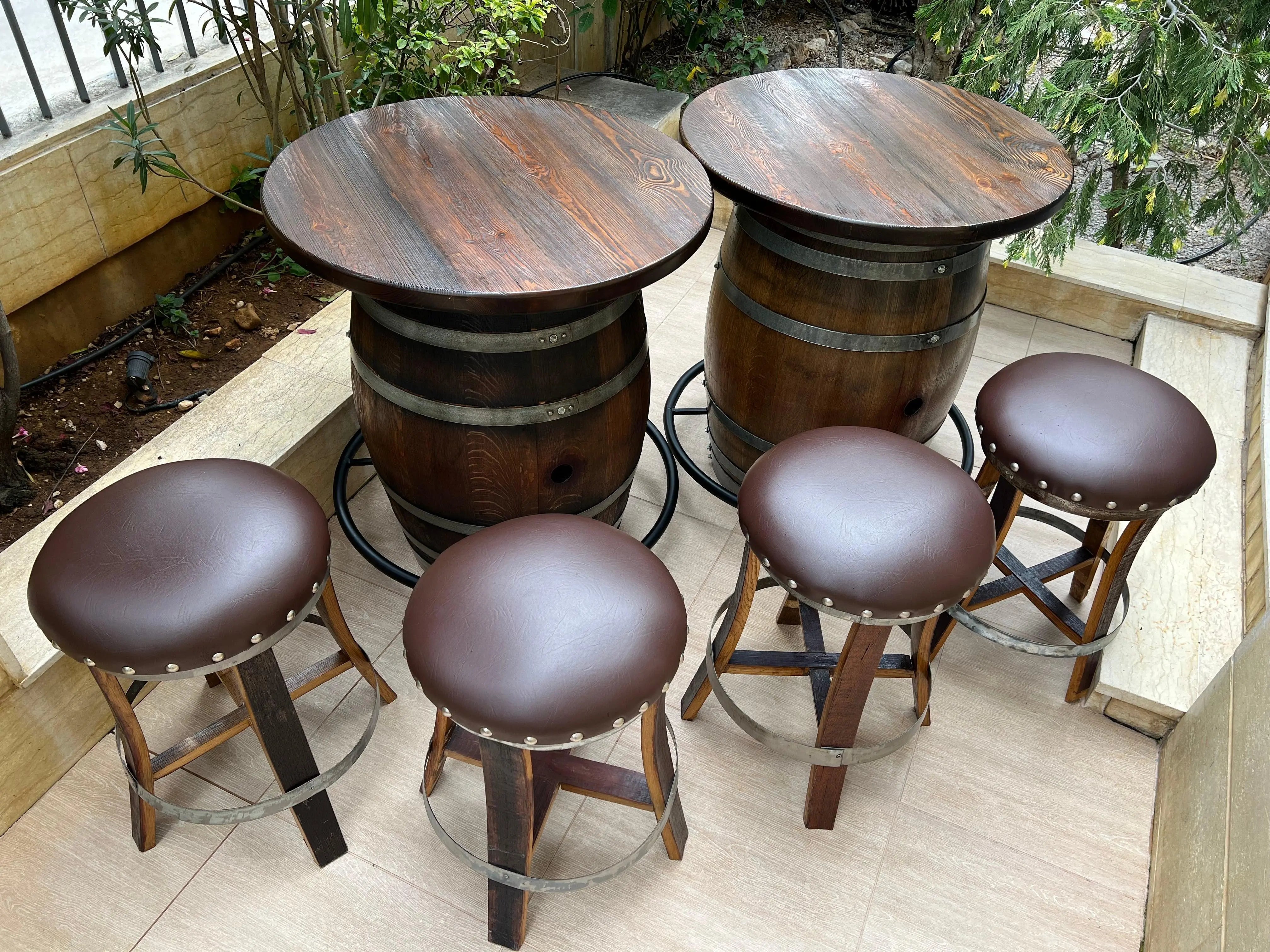 Double Oak Barrel Bistro Pub Table Set, Bourbon Wine Barrel, Footrail Footrest Comfort, Barrel Bar, Whiskey Barrel Bar, Wine Barrel Cabinet