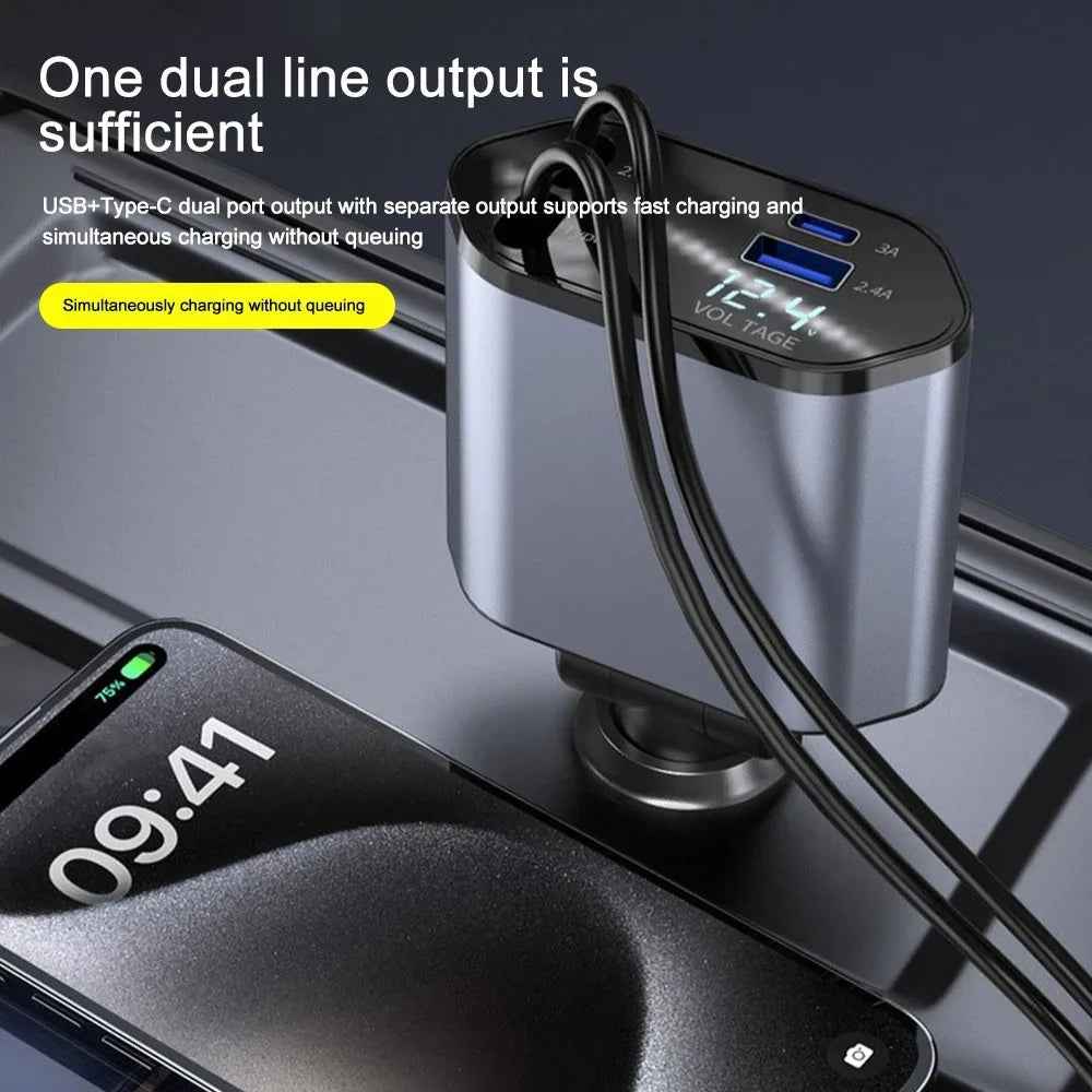 120W Car Charger Retractable Cable USB & USB-C Fast Charging Car Adapter