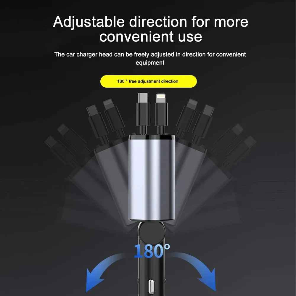 120W Car Charger Retractable Cable USB & USB-C Fast Charging Car Adapter