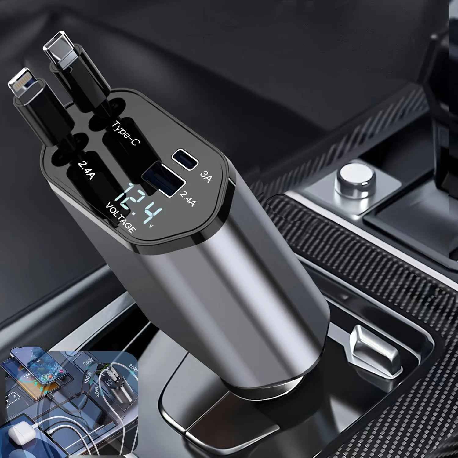 120W Car Charger Retractable Cable USB & USB-C Fast Charging Car Adapter