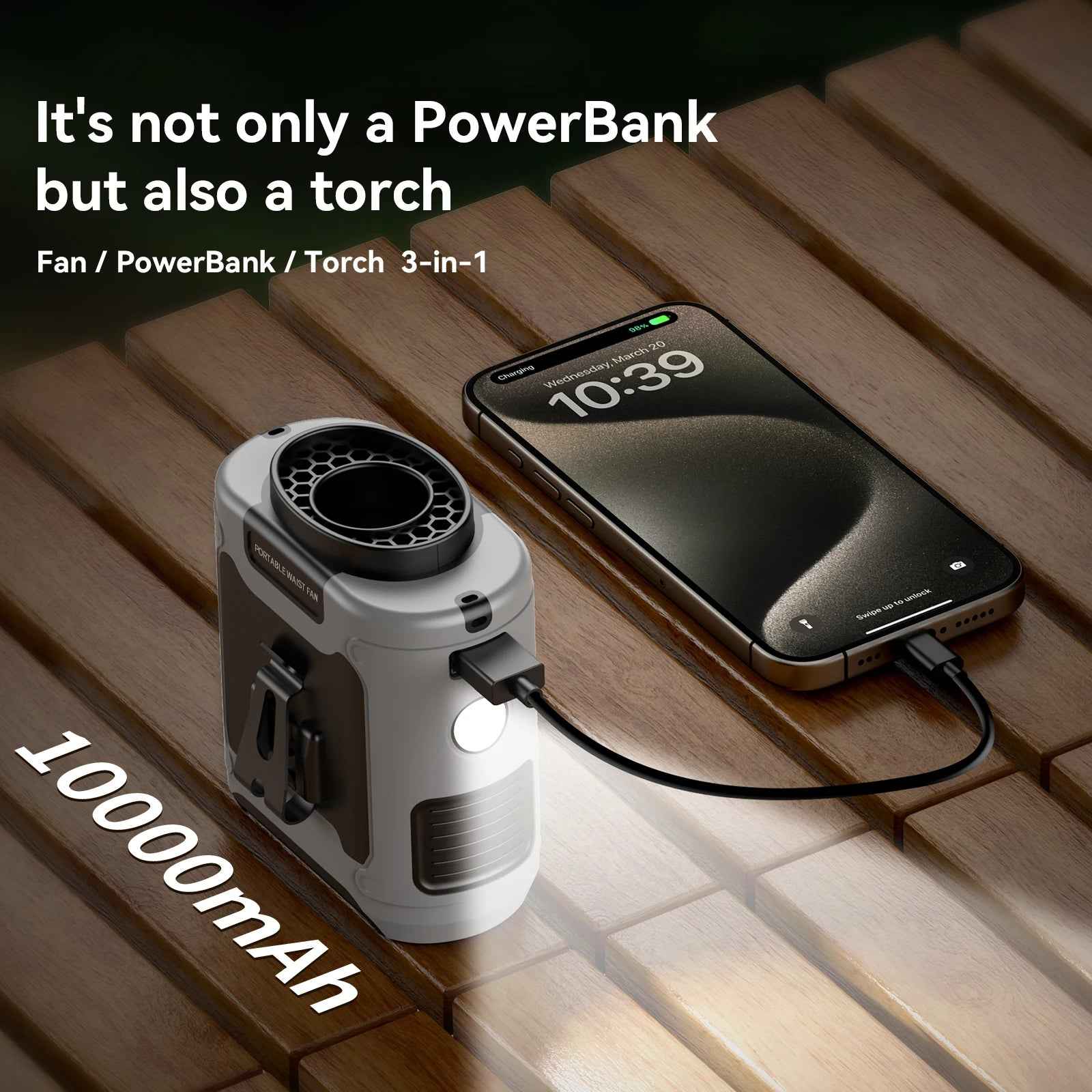 Portable Waist Fan 10000mAh Rechargeable Clip Fan with LED Light Power Bank