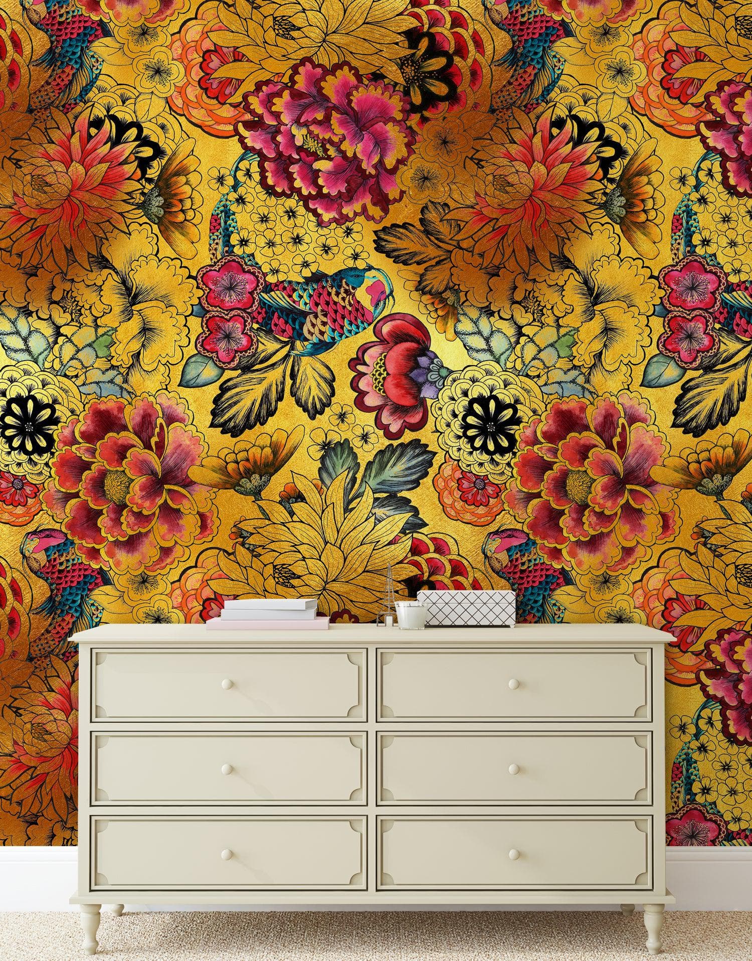 Japanese Art Koi Fish Peel and Stick Wallpaper. Gold Flowers Background.  Removable Wall Mural #6192
