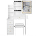 Cabinet Vanity Table & Cushioned Stool, USB Power Station, Hair Dryer Bracket - White