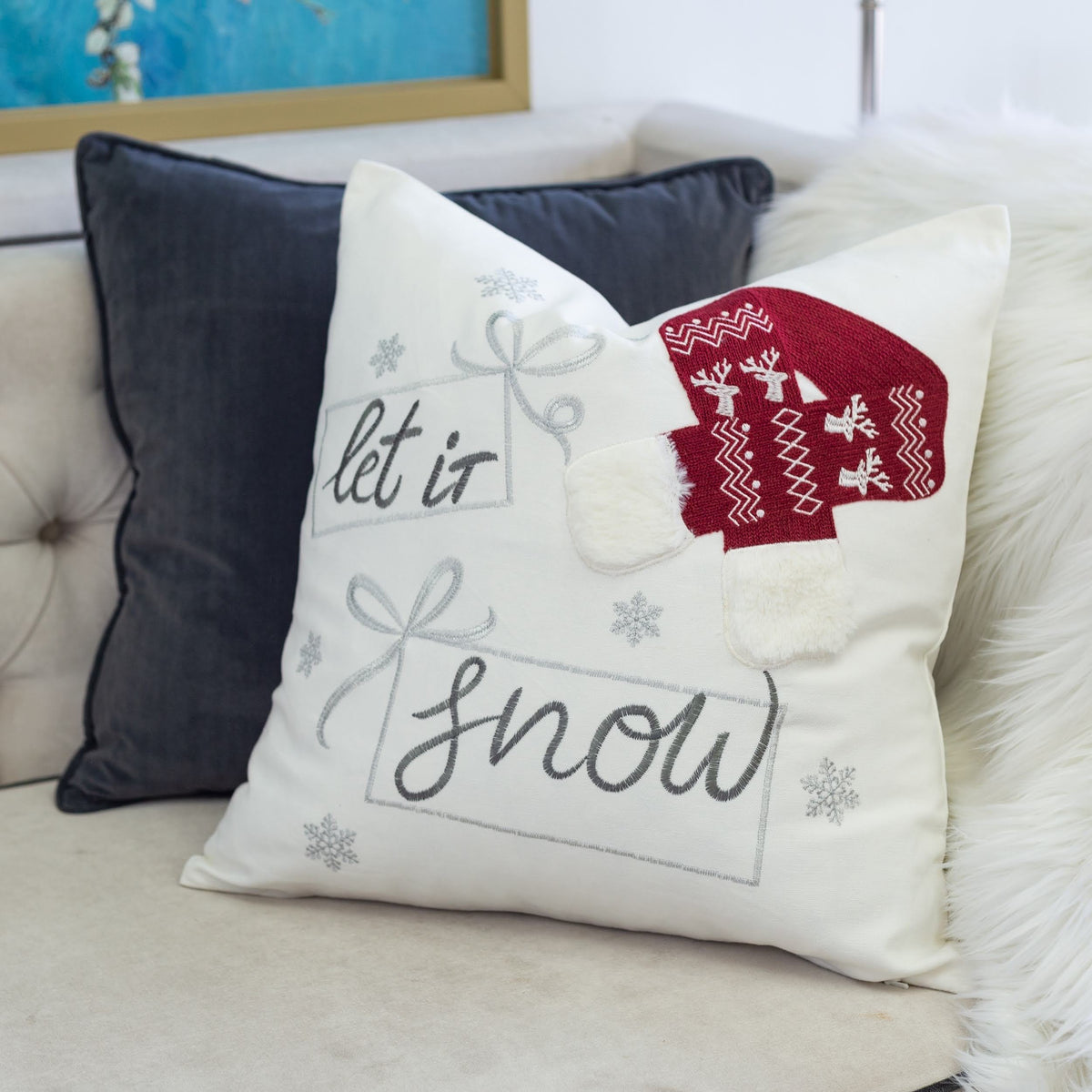 Let It Snow Christmas Throw Pillow with Embroidery - Cotton