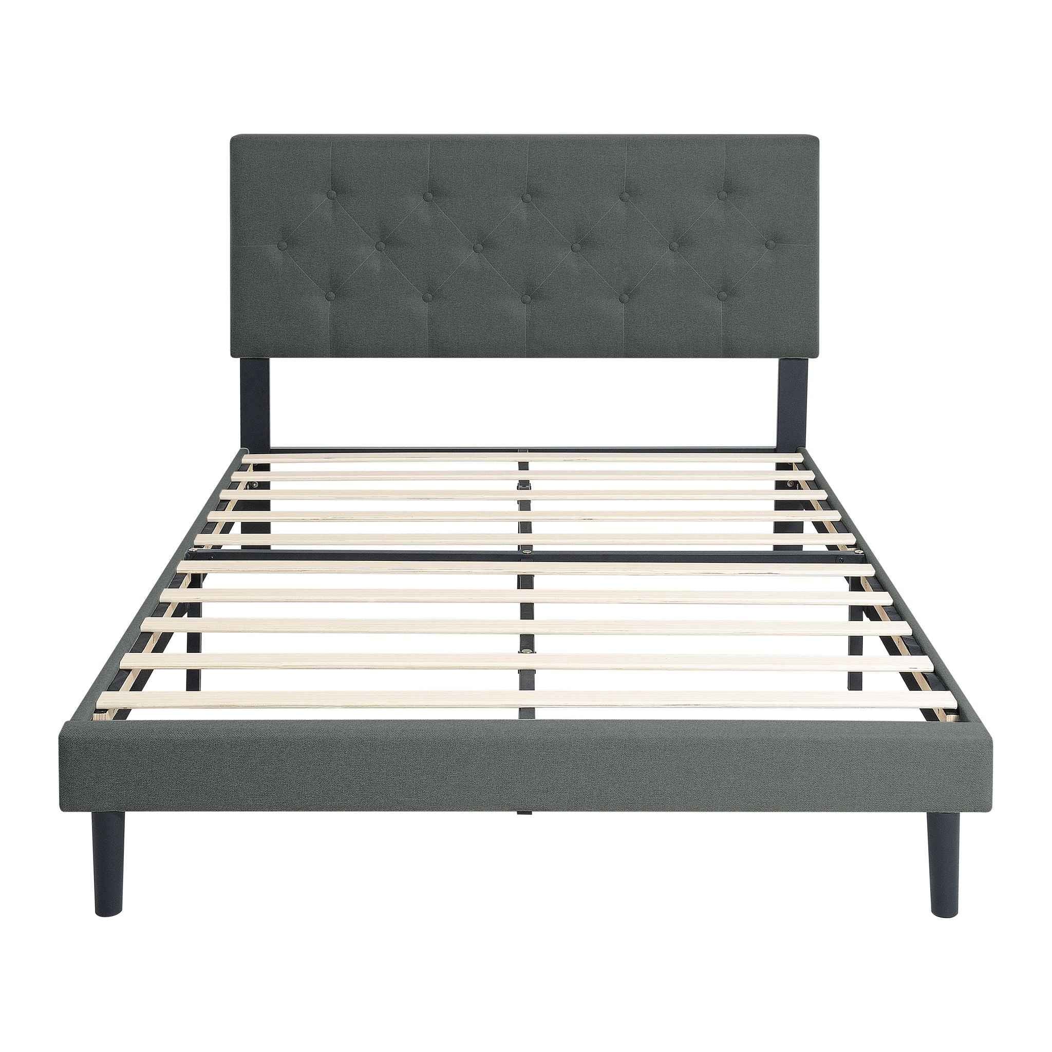 Modern Upholstered Platform Bed Frame With Button Tufted Fabric Headboard