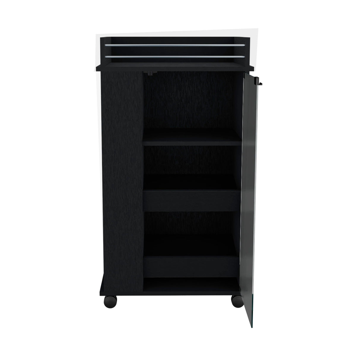Bar Cart With Glass Door, 2 Side Shelves And Casters - Black