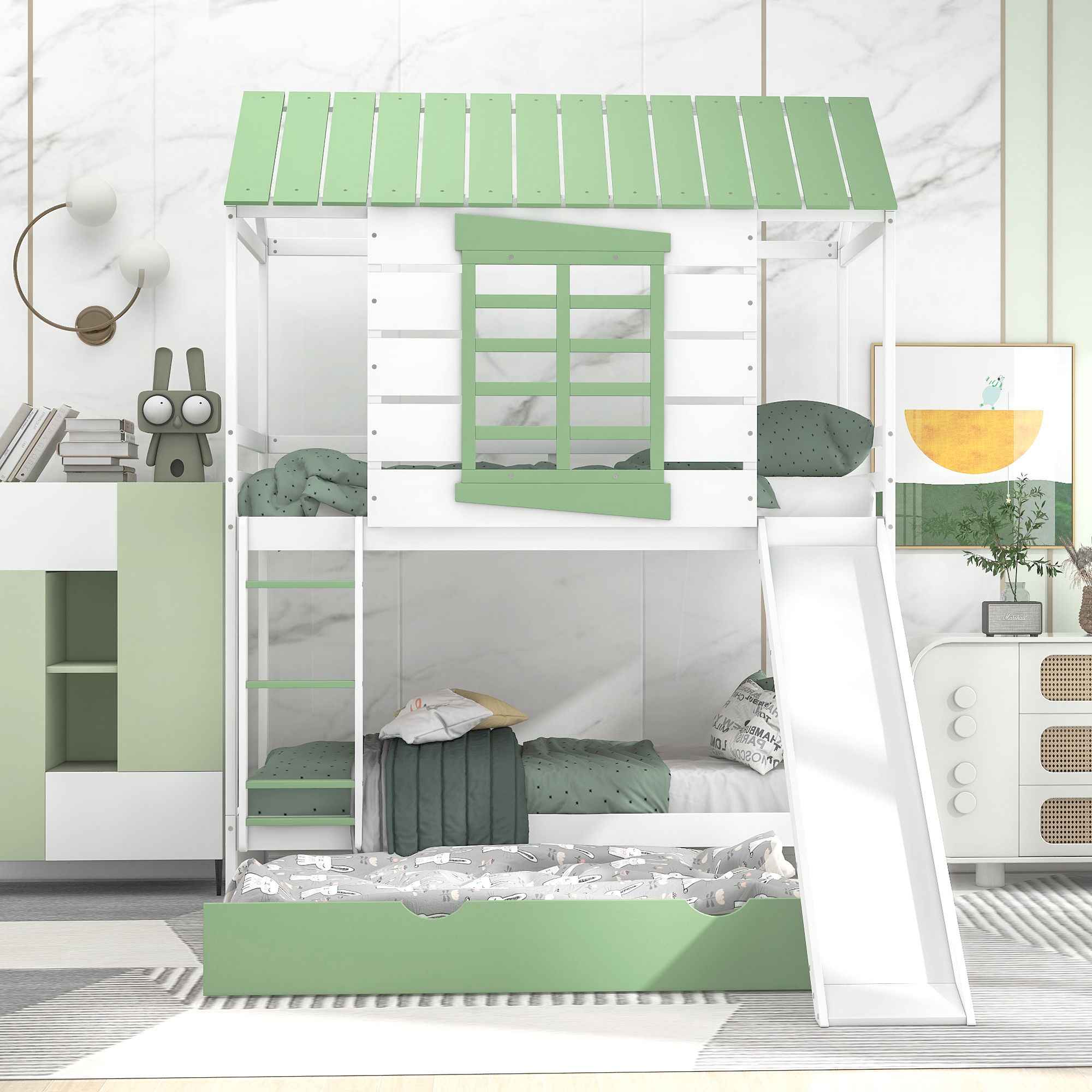 Twin Over Twin House Bunk Bed With Convertible Slide And Trundle - White