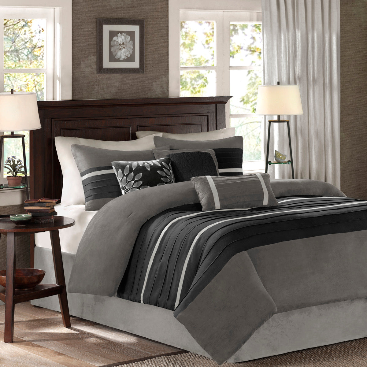 7 Pc Pieced Faux Suede Comforter Set in Black for Queen Beds