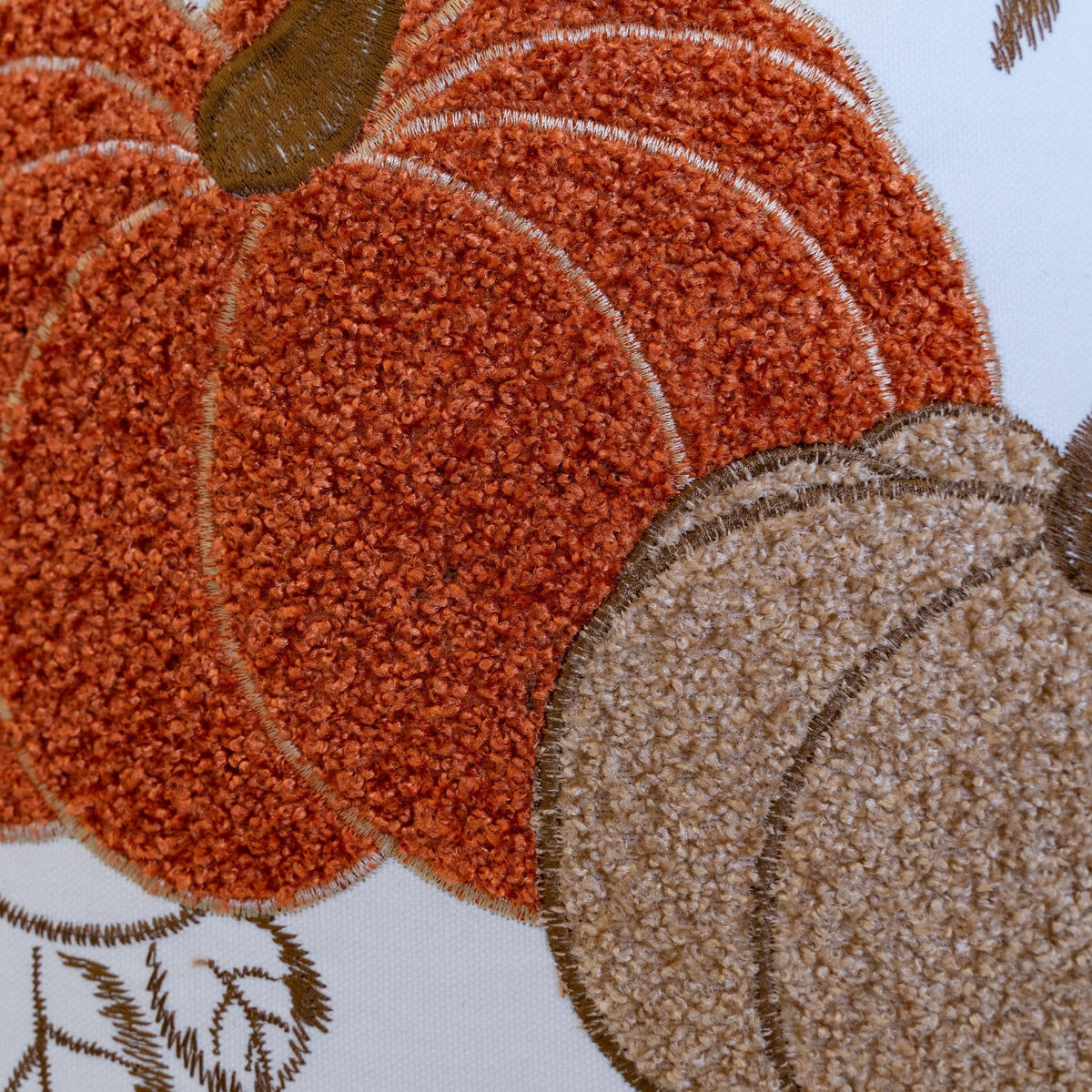Embroidered Harvest Pumpkin Throw Pillow with Autumn Detailing - White/Rust/Gold