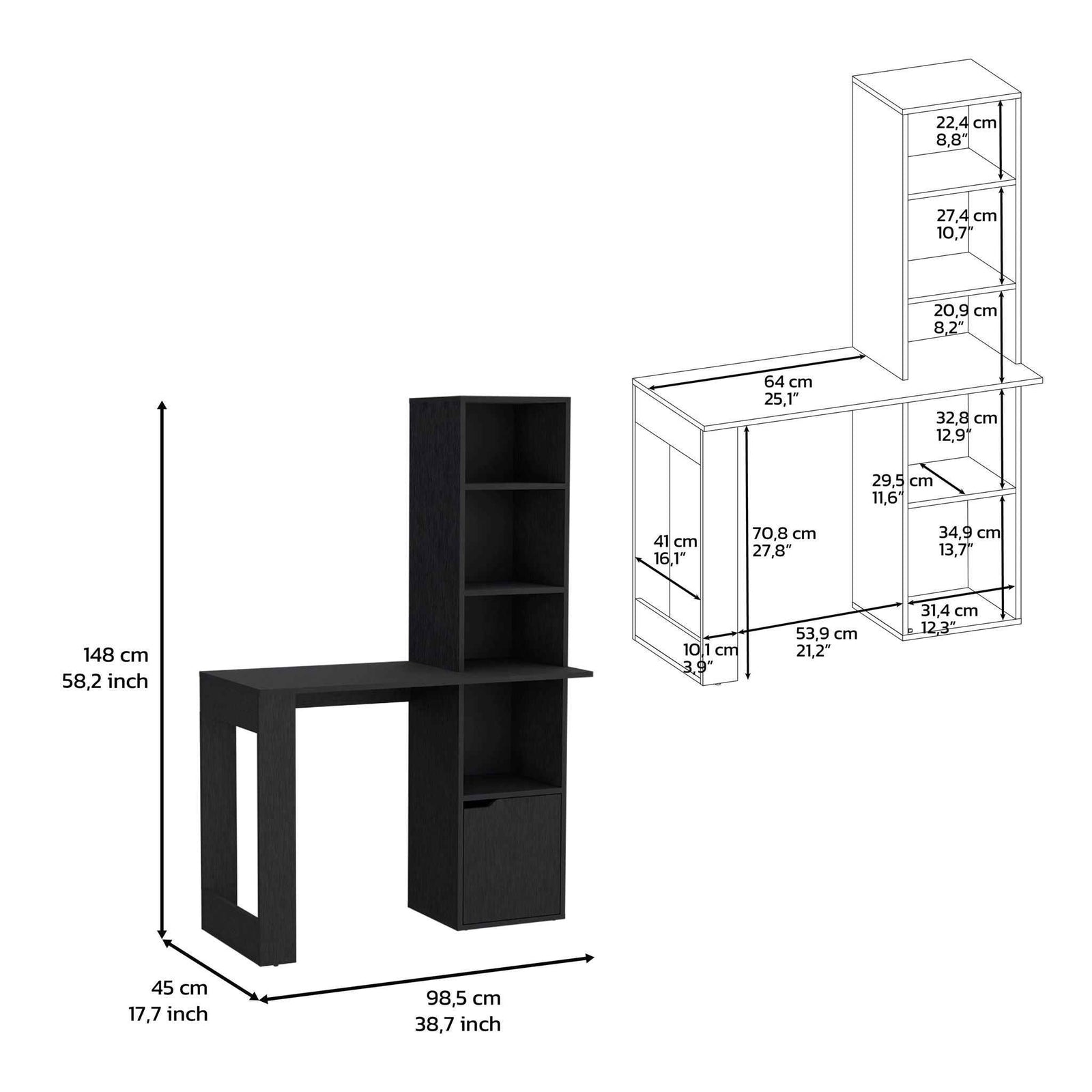 Writing Desk With Bookcase And Cabinet - Black