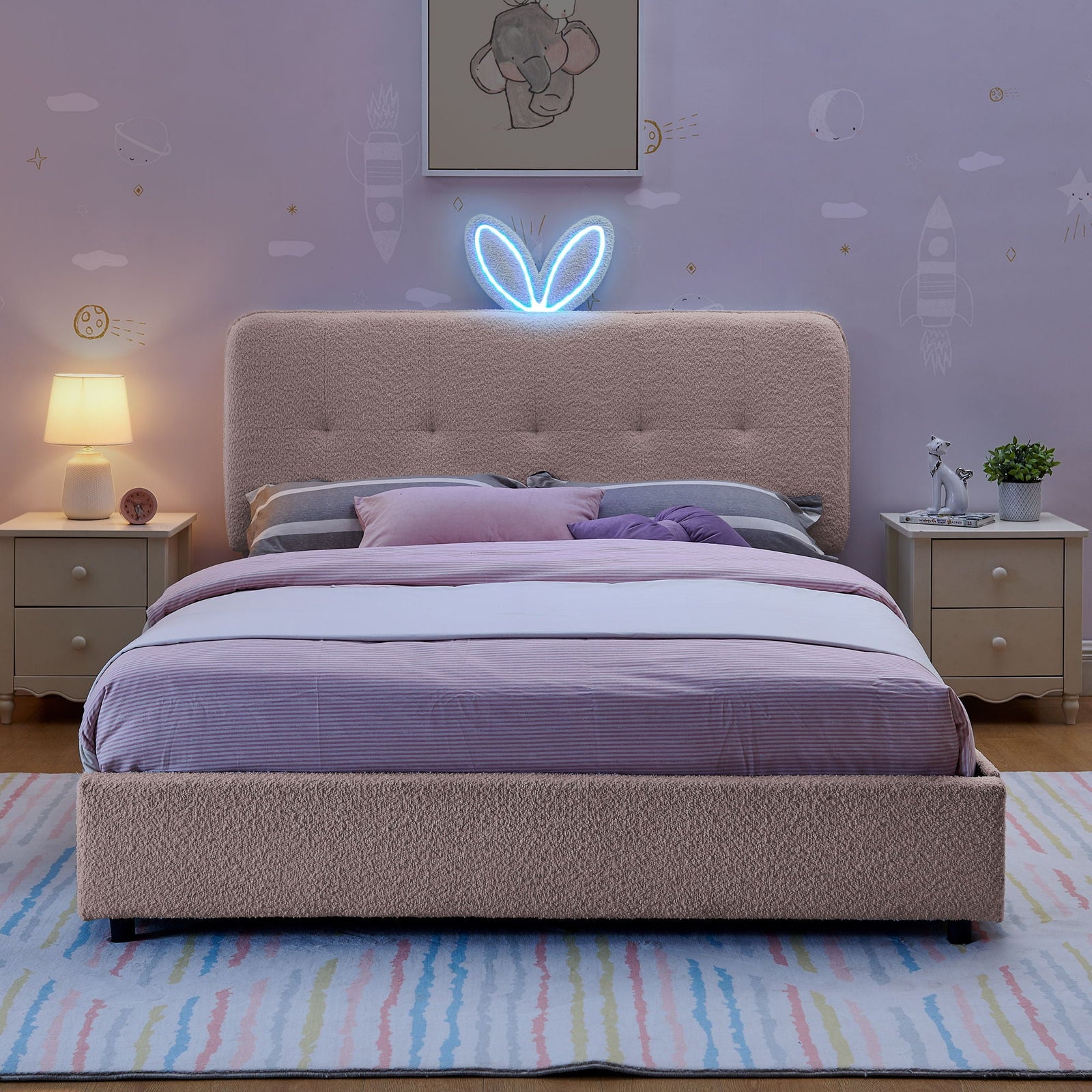Upholstered Bed With Oversized Rabbit Ear Headboard, LED Lights & 4 Storage Drawers