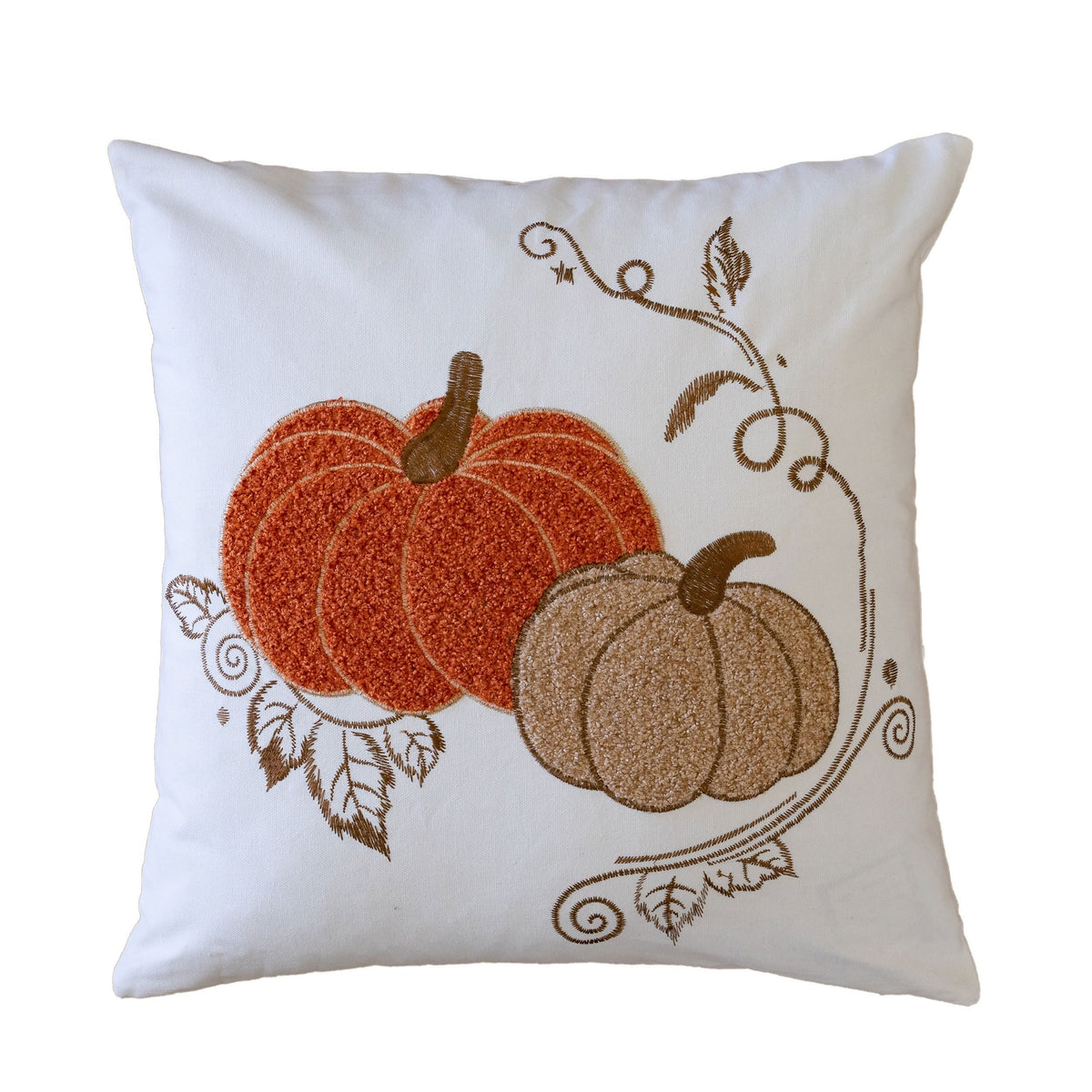 Embroidered Harvest Pumpkin Throw Pillow with Autumn Detailing - White/Rust/Gold