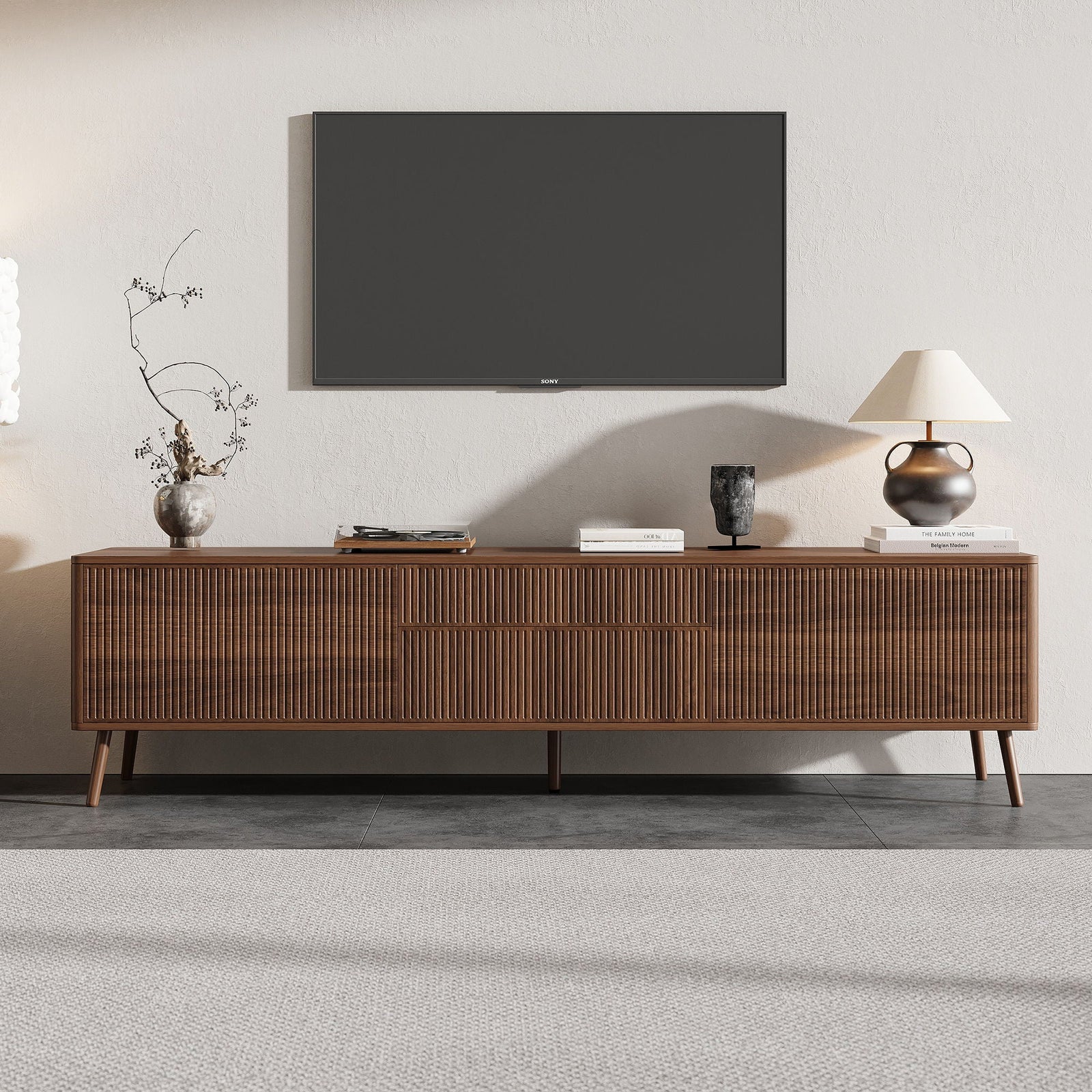 Fluted TV Stand With Storage Drawers And Cabinets For TVs Up To 80