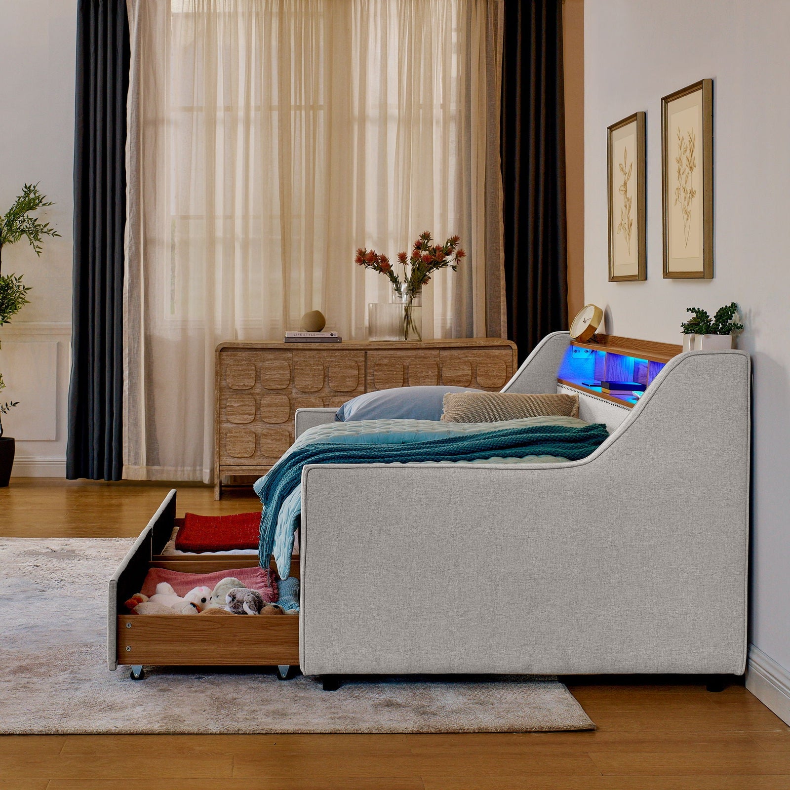Twin Upholstered Sofa Bed With LED Lights, Storage Drawers, Adjustable Headboard & Wireless Charging - Beige