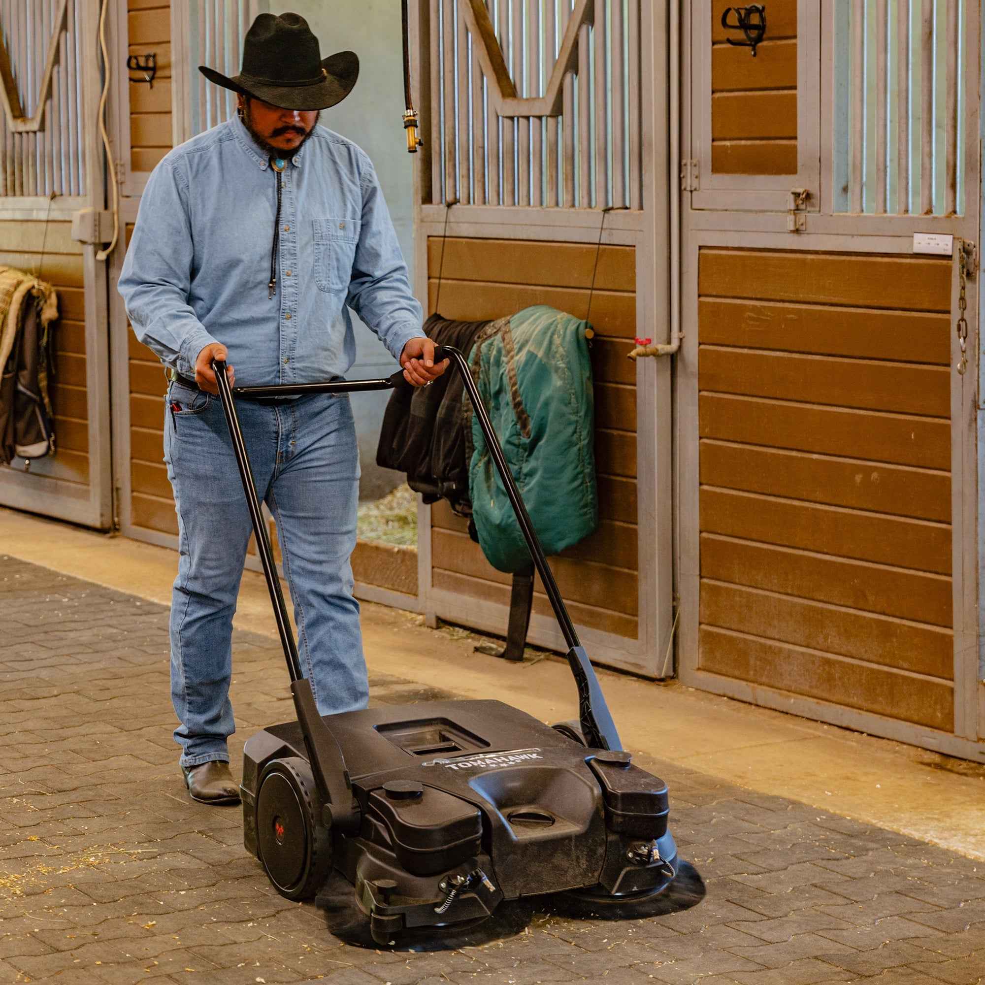 30" Battery Powered Push Sweeper with Triple Power Brooms Electric Drive and Dust Suppression Sprayer