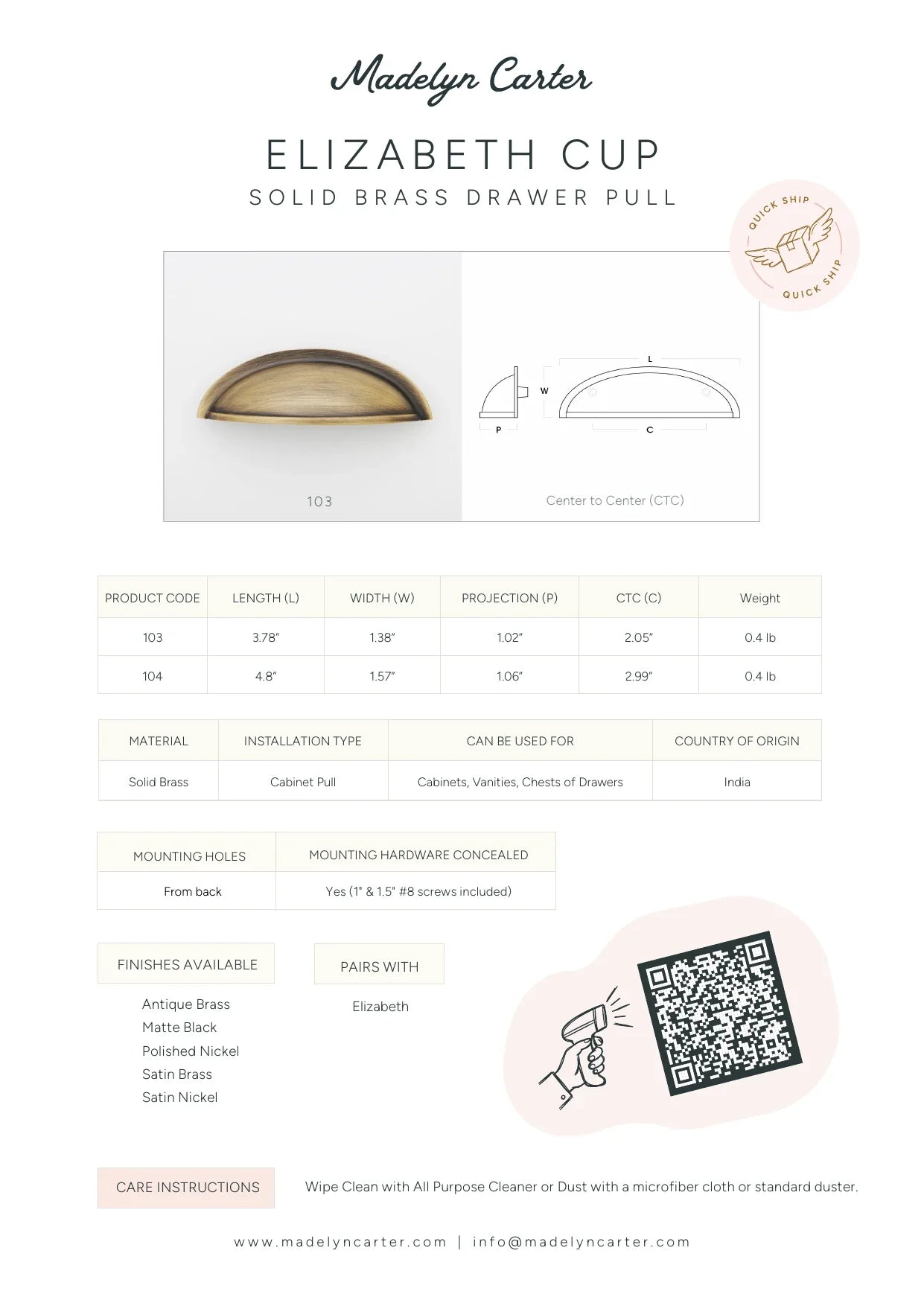 Elizabeth Cup Solid Brass Drawer Pull - 2 Inch Centers