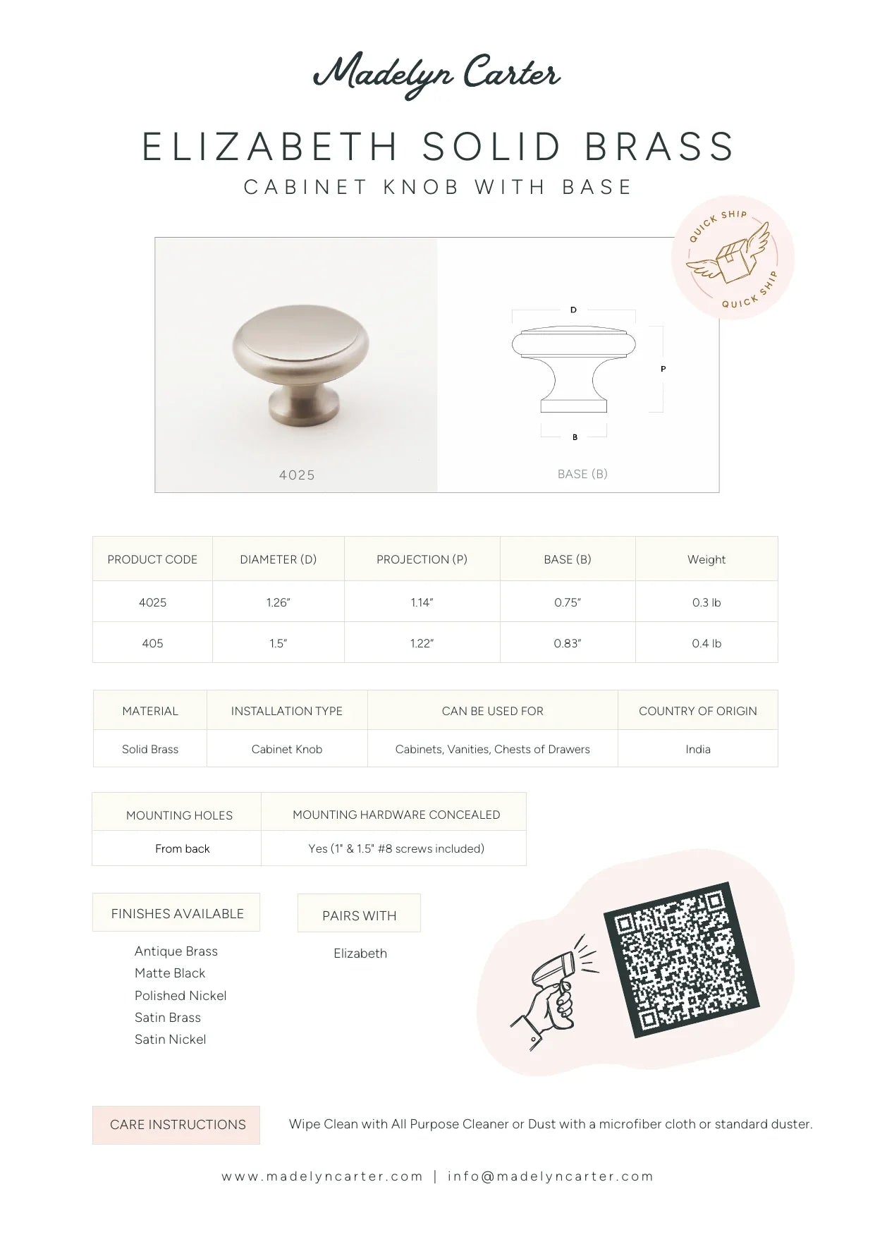 Elizabeth Solid Brass Cabinet Knob with Base - 1.25