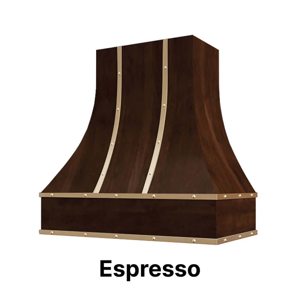 Wood Range Hood With Curved Front, Brass Strapping and Buttons - 30